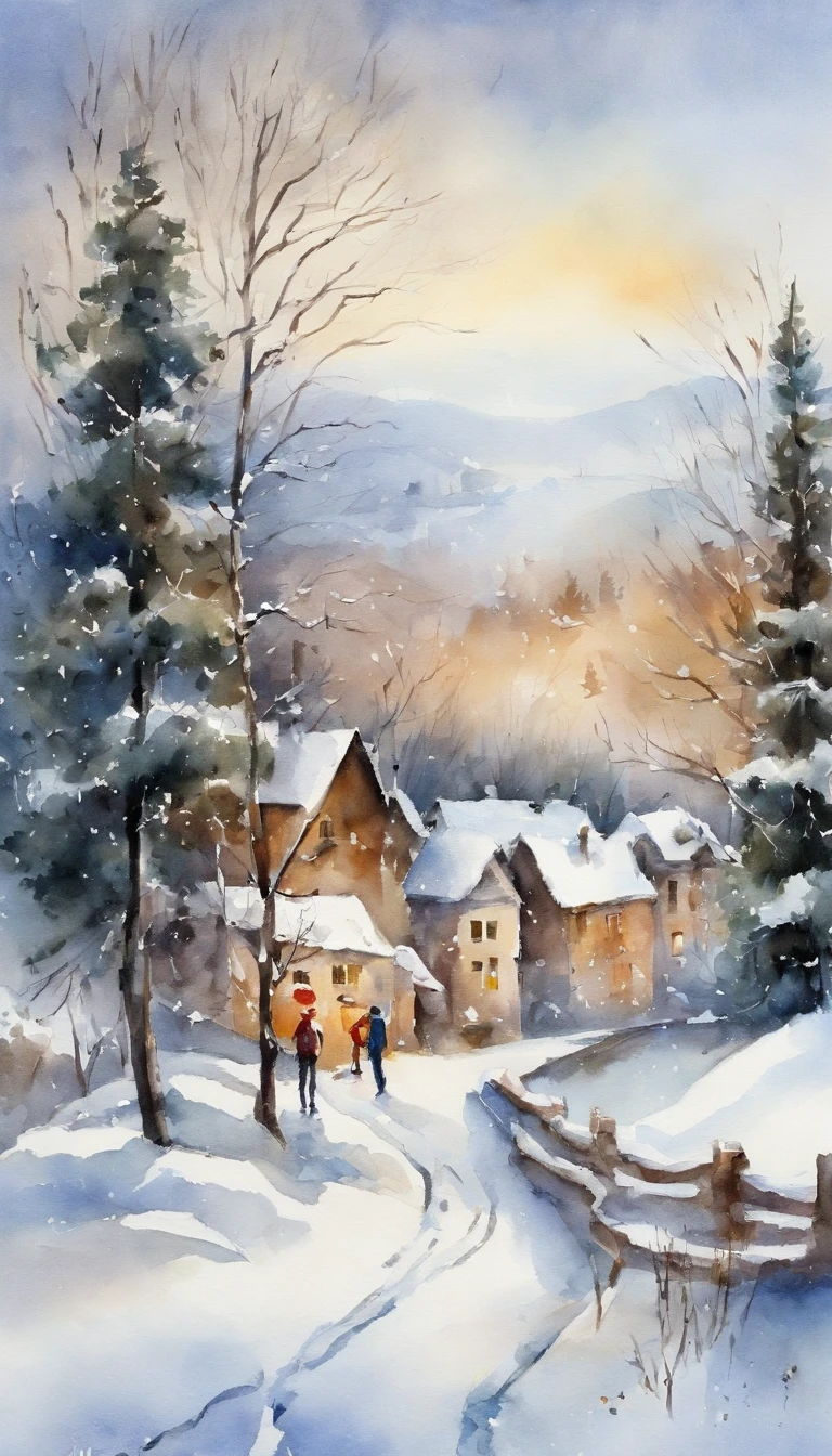 a painting. winter. Kids playing snowballs, Making snowmen, Sledding down the hill, Ice skating. Ice rink. Trees in the snow. Pine trees in the snow. Frosty Day. The city.