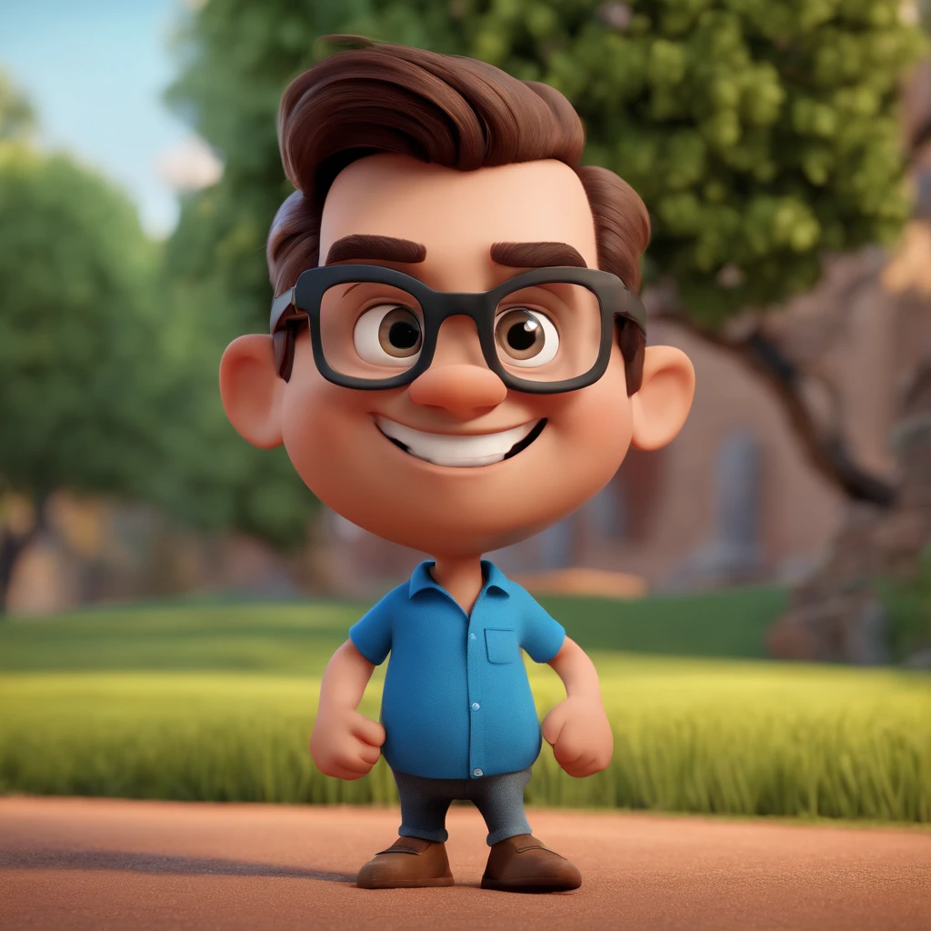 Cartoon character of a man with black glasses and a blue shirt, animation character, Caractere estilizado, animation style rendering, 3D estilizado, Arnold Maya render, 3 d render stylized, toon render keyshot, Personagem 3D, Personagem 3D, 3d rendering stylized, 3 d character render, personagem de desenho animado, Personagem de close up, Pose de personagem, (Estilo Pixar) (master part:1.2) (Bokeh) (best quality) (pele detalhada) (textura detalhada) (8k) (argila) (Cinematic lighting) (foco nítido
