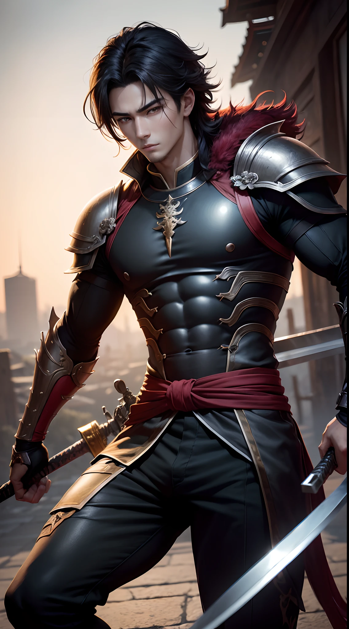 8K,Photorealsitic　Raw photography　top-quality;1.4) 　(1 Juvenile Attendant)　Super handsome use　(Lifelike face)　Shonen Demon Slayer　Black and red combat uniform　Black pants　Leggers Armor　Beautiful expression　超A high resolution　A smile　accurate detail　real looking skin　Equip a sword at the waist　In sword and armor in a city setting by Jan J, Handsome Boy in Demon Slayer Art, G Liulian art style, chengwei pan on artstation, yangjun chen, Zhao Yun, Inspired by Zhang Senyao, by Leng Mei, by Victor Wang, xianxia hero, by Zhou Fang, by Yang Jin