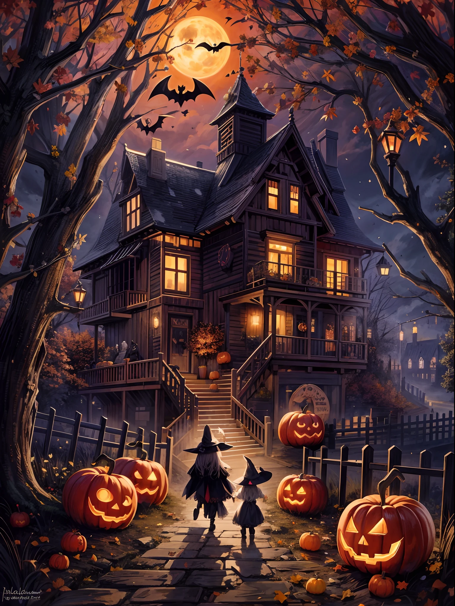 (best quality,4k,8k,highres,masterpiece:1.2),ultra-detailed,realistic,Halloween illustration,spooky atmosphere,dark shadows,ominous lighting,creepy characters,pumpkin lanterns,Haunted House,misty graveyard,full moon,witch flying on a broomstick,bats fluttering in the night sky,scary jack-o'-lanterns,witches' cauldron with bubbling potion,ghosts floating in the air,witches' hats and cloaks,witch's black cat with glowing eyes,spider webs and spiders,costumed children trick-or-treating,group of kids wearing spooky costumes,loads of candies and treats,trick-or-treat bags filled with sweets,autumn leaves falling,colorful harvest pumpkins,colorful fireworks lighting up the sky,candy apples on a stick,carved pumpkins with eerie faces,witches casting spells,full of mystery and enchantment,hauntingly beautiful art style,spooky color palette,nighttime scene with a touch of magic