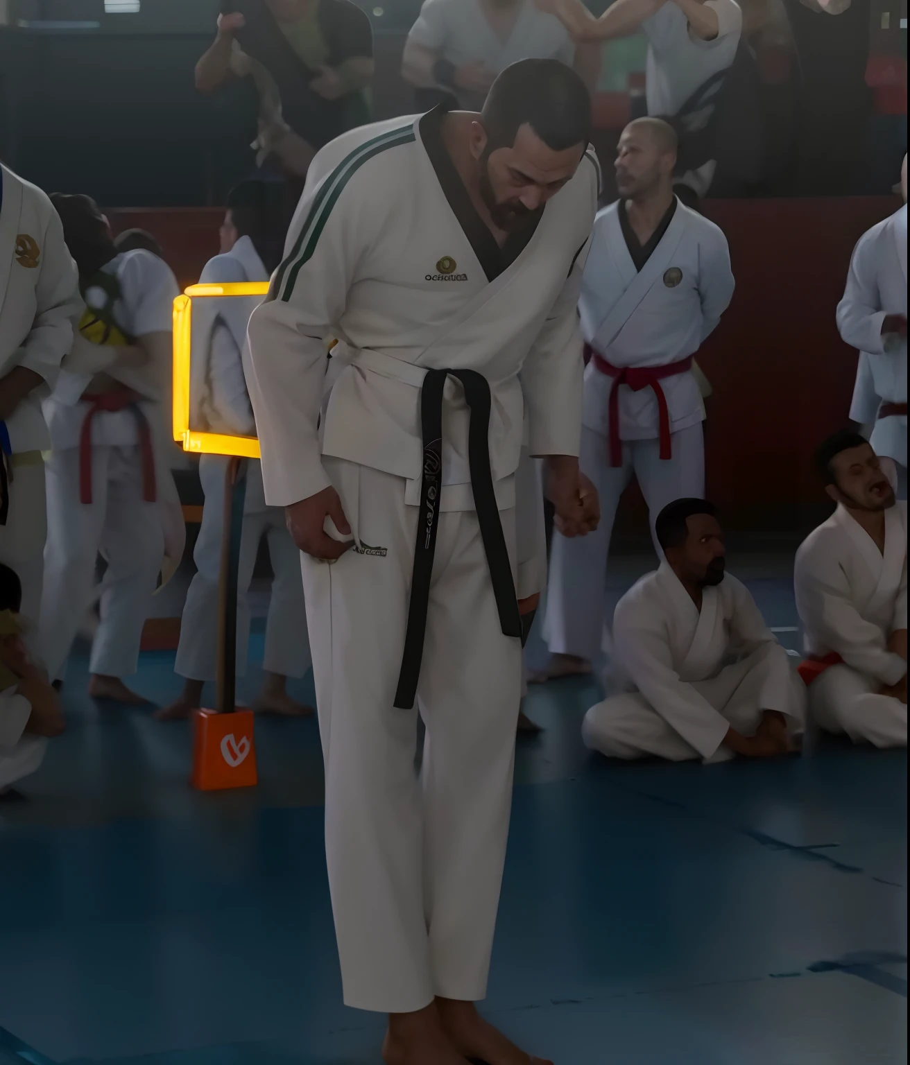 There's a man standing in a karate ring with a yellow light, torneio de artes marciais, faixa branca, vestindo um gi branco, dynamic action shot, grading, postura poderosa, fazer artes marciais, in an action pose, Karate, artes marciais, Preparando-se para lutar, Kickboxing, em uma postura de luta, Dando um chute, dramatic action shot, action shot, capoeira