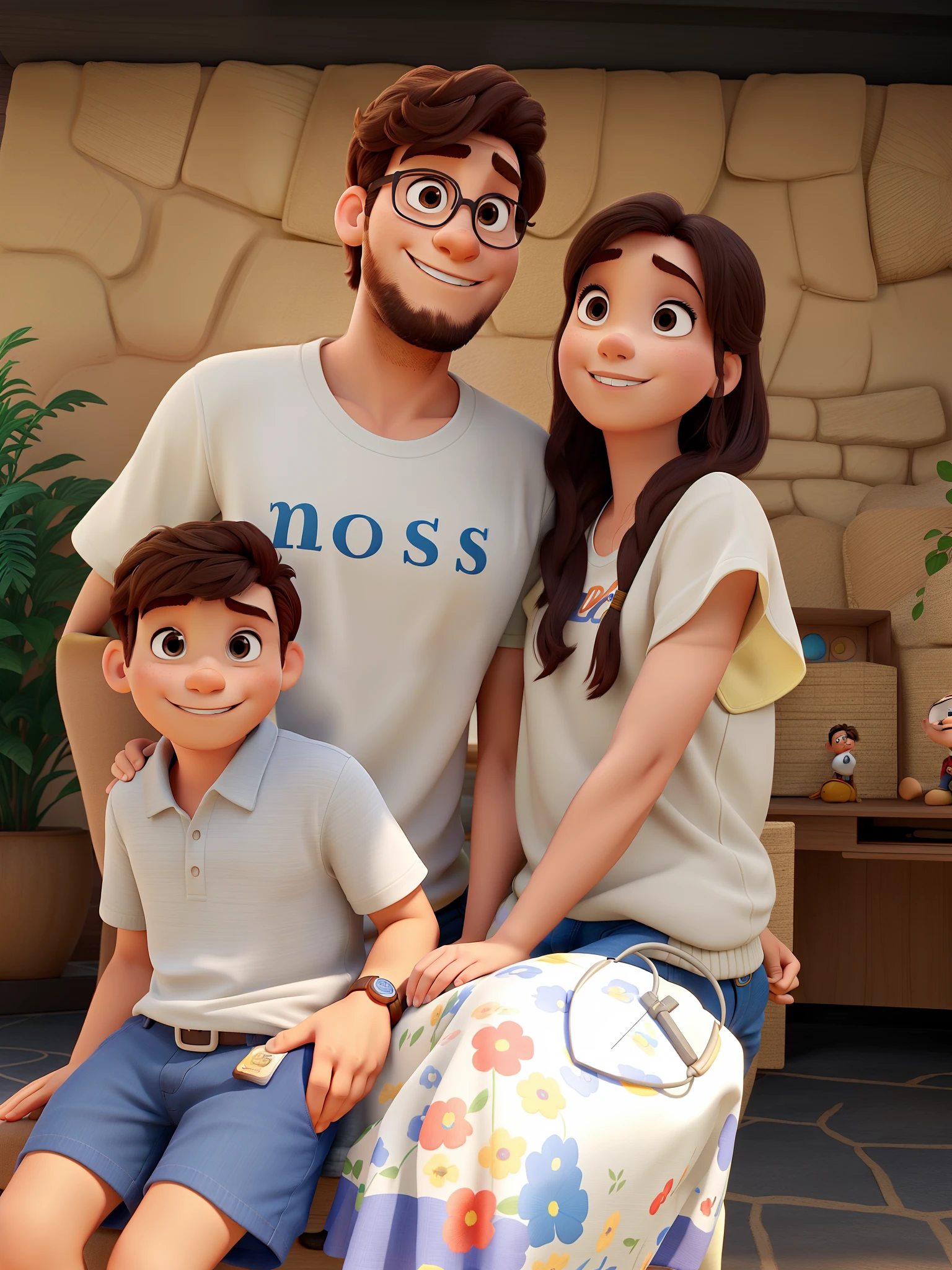 Um homem, A child and a woman in the style of Disney Pixar, alta qualidade, melhor qualidade