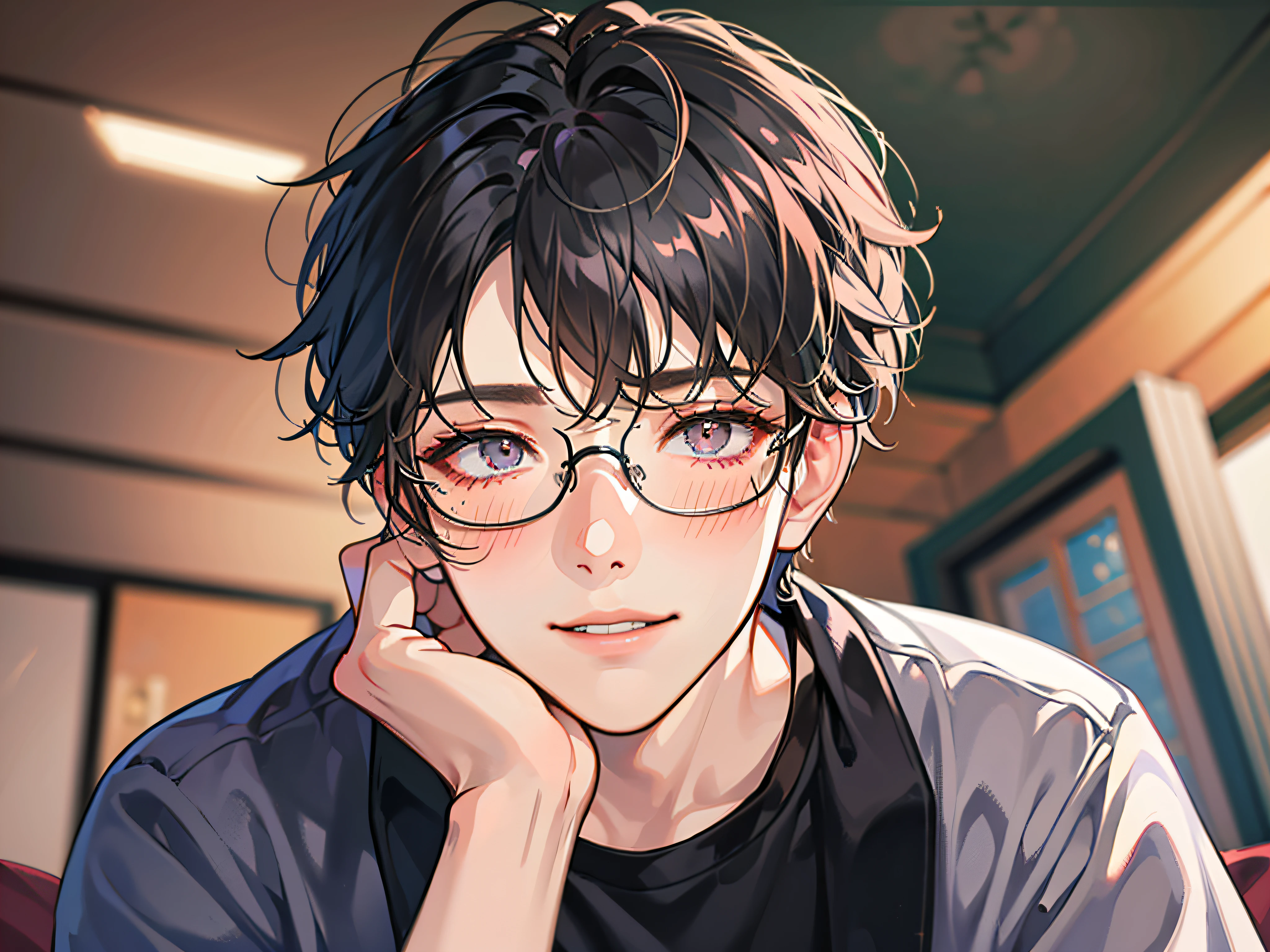 masuter piece,Best Quality,Shirt Men,独奏,ember manly,Glasses Boys,moody,Hairstyle mashed,Angle from below,a bed,ムラムラ,Impatient,Psychopath Smile,Hair over one eye, hands on own face, blush, Shy,The background is an ordinary room