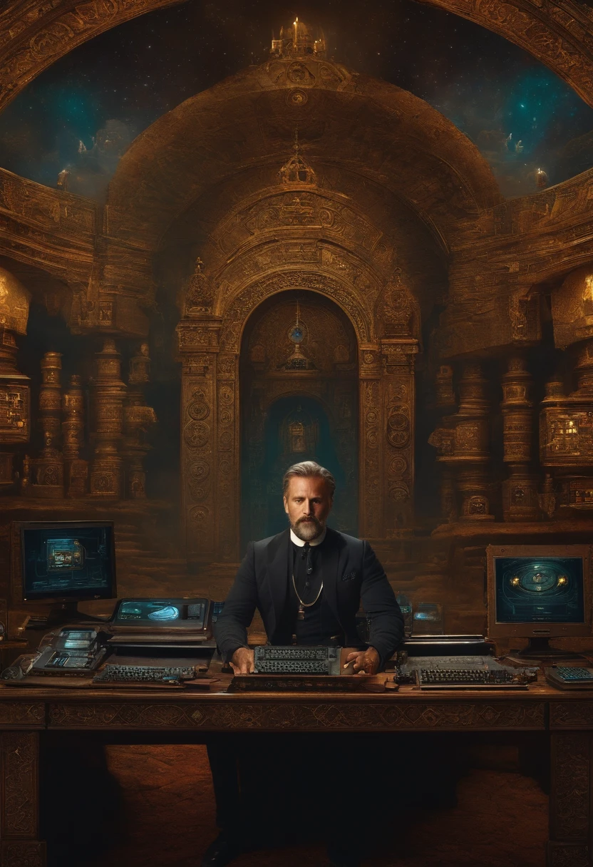 Um homem forte de frente, with a background full of computers and mystical and esoteric symbologies