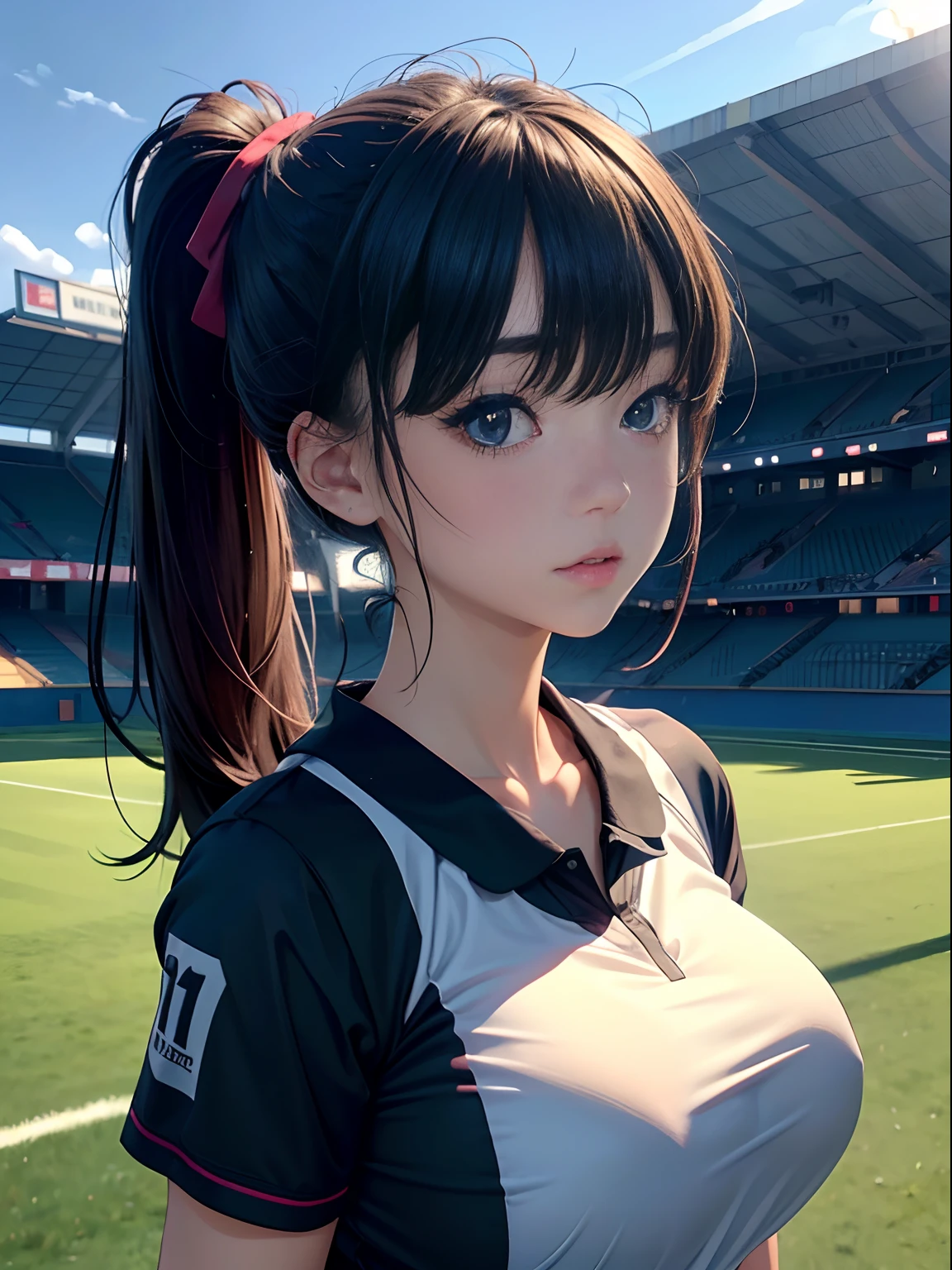 masterpiece:1.2, best quality), realistic, (real picture, intricate details, depth of field),
(1girl, solo), make up, parted lips, highly-detailed, perfect face, (medium breasts:1.4), small waist, tall,
glossy coral lips, red hairs, red eyes, ponytail, (A girl playing volleyball, white volleyball uniform),
(sweating:1.2), (wet), sexy, blushing,