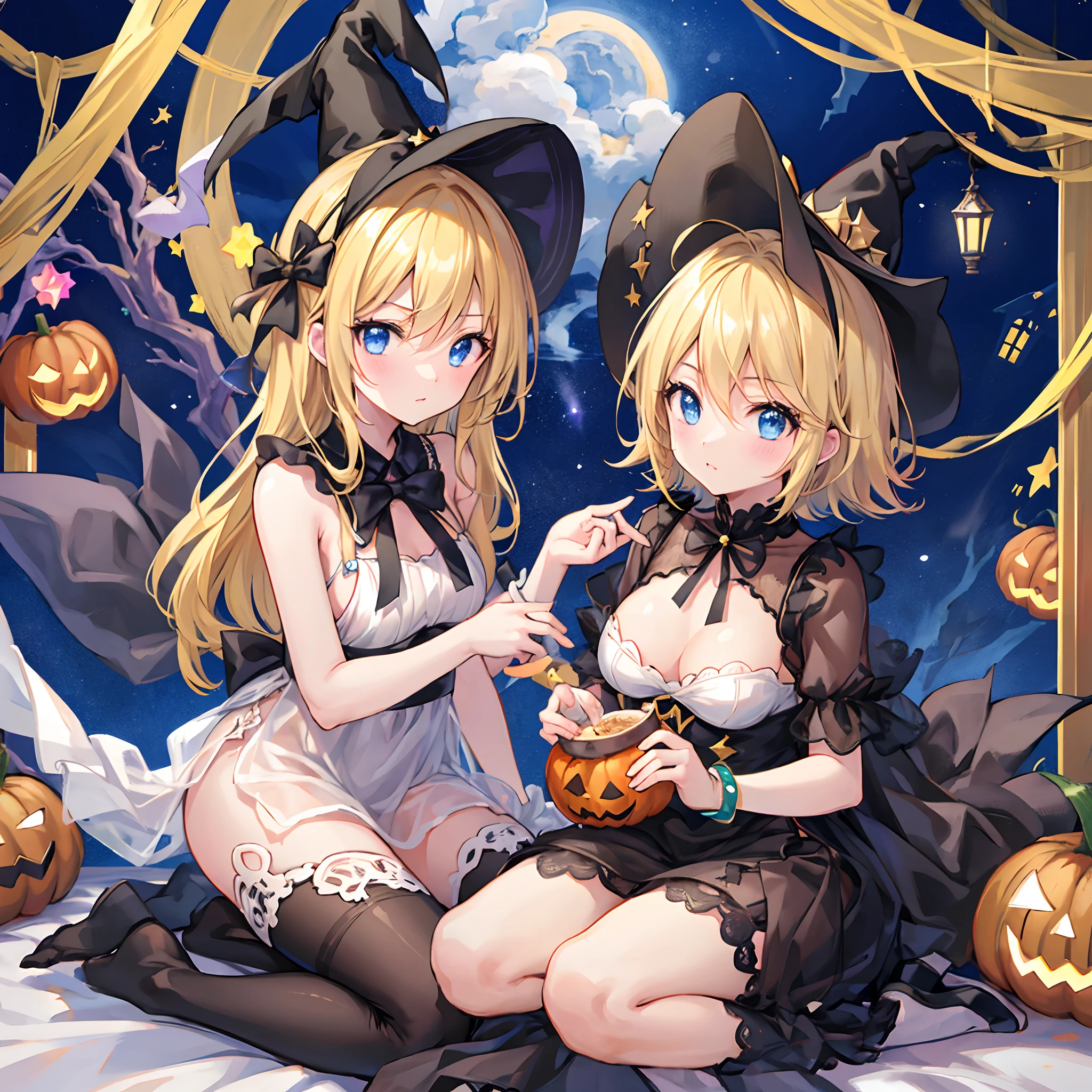 en 8K、highest qualityr、obra maestra、Ultra-detallado、Ultra-high resolution、kagamine rin 、halloween、Sombrero de bruja、una rubia、Cabello trenzado、vestido negro、hombros desnudos、escote de la mama、Makeups、sombras de ojos、Una pulsera、Ciudad medieval、Sit on the roof、gato negro