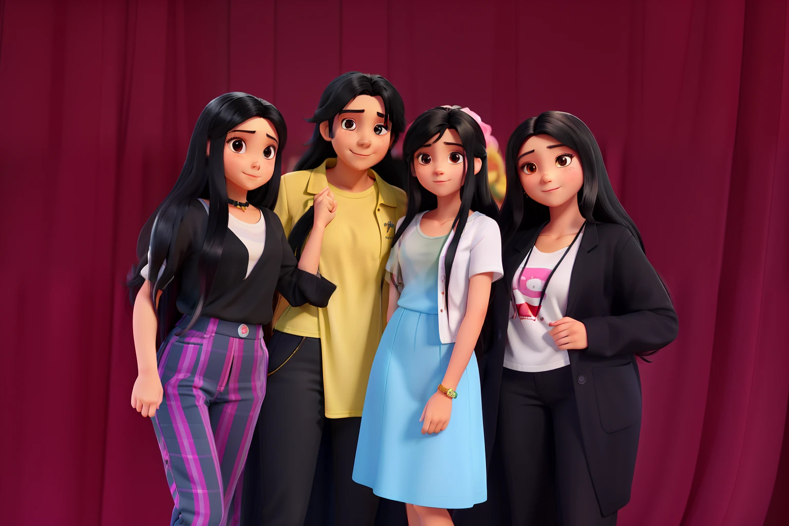 A beautiful young girl with long black hair wearing a black t-shirt with a pink blue pants, um menino jovem de cabelo castanho escuro curto, usando uma beca de formatura preta e amarela, uma menina jovem linda de cabelo longo castanho escuro com luzes amarelas usando um vestido de gala verde claro, A beautiful wise woman with long black hair wearing a white t-shirt with a blazer and black pants holding in her hand a little sign written Mother