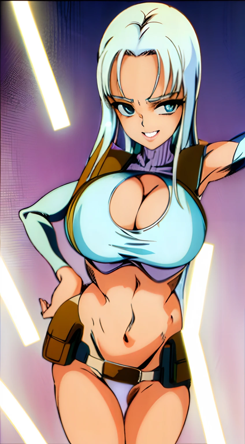 anime manga illustration katopunk 1girl, (leaning forward downblouse), (white hair), instagram katopunk cleavage, detailed cute mature face, breasts, perfect anatomy, thigh, navel, athletic shorts, smile,happy, (tank top), (thigh_gap), thick, wide waist,fit,armpits,(leaning forward), (smiling), in HNKstyle, 80's anime style
