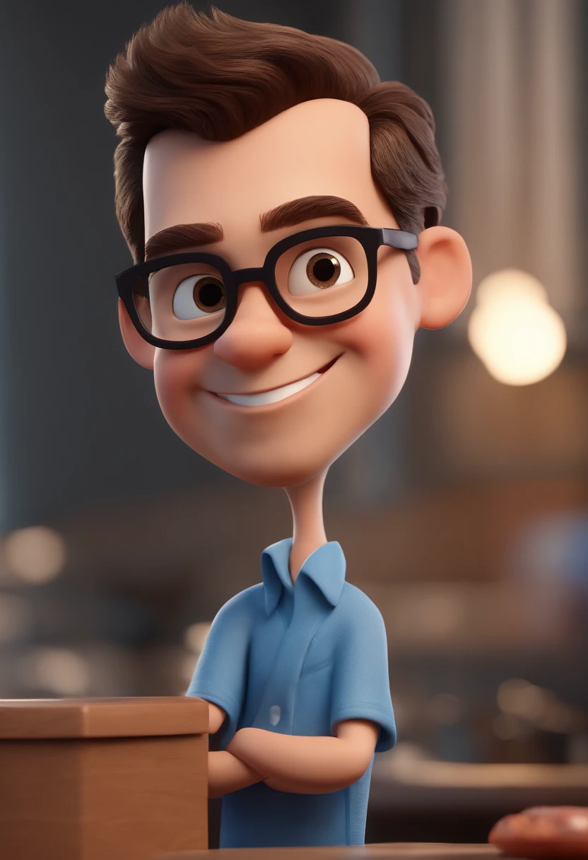 Cartoon character of a man with black glasses and a blue shirt, animation character, Caractere estilizado, animation style rendering, 3D estilizado, Arnold Maya render, 3 d render stylized, toon render keyshot, Personagem 3D, Personagem 3D, 3d rendering stylized, 3 d character render, personagem de desenho animado, Personagem de close up, Pose de personagem, (Estilo Pixar) (master part:1.2) (Bokeh) (best quality) (pele detalhada) (textura detalhada) (8k) (argila) (Cinematic lighting) (foco nítido