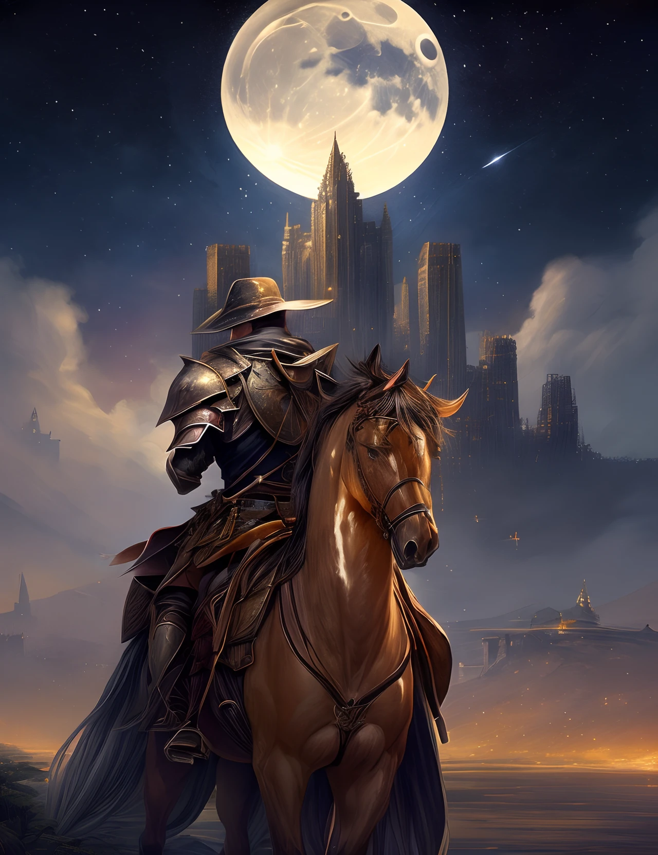 the met、Painting of a river with stars and moon in the sky、the met、Shining skyscrapers、Shine across the board、Skyscrapers、Concept art inspired by Mitsuoki Tosa、pixiv contest winners、top-quality、Fantasyart、beautiful anime scene、Bright moon、Moonlit star environment、Dream painting、Anime Background Art、Fantasy landscape art、fantasy knight、anime backgrounds、background artwork、Fantastic art、atmospheric anime、starrysky、Detail has been enhanced。