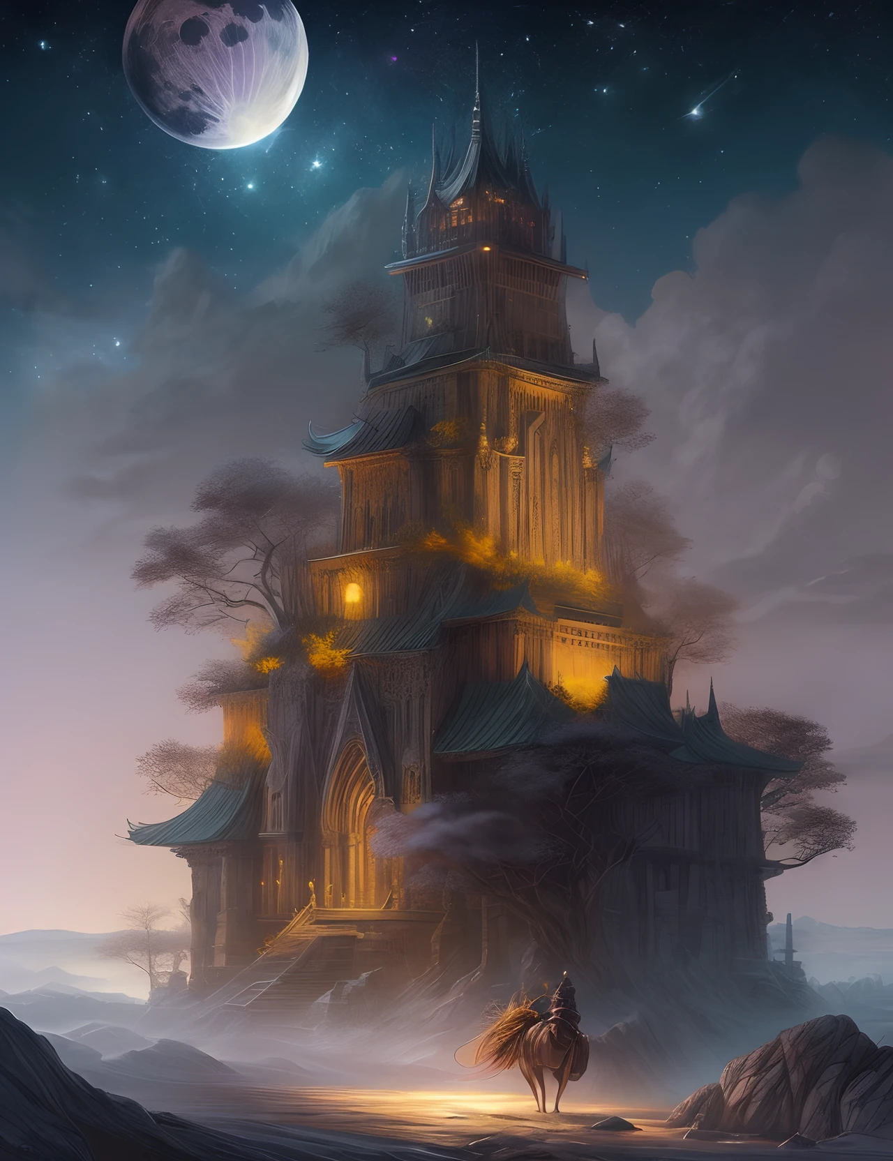 the met、Painting of a river with stars and moon in the sky、the met、Shining skyscrapers、Shine across the board、Skyscrapers、Concept art inspired by Mitsuoki Tosa、pixiv contest winners、top-quality、Fantasyart、beautiful anime scene、Bright moon、Moonlit star environment、Dream painting、Anime Background Art、Fantasy landscape art、fantasy knight、anime backgrounds、background artwork、Fantastic art、atmospheric anime、starrysky、Detail has been enhanced。