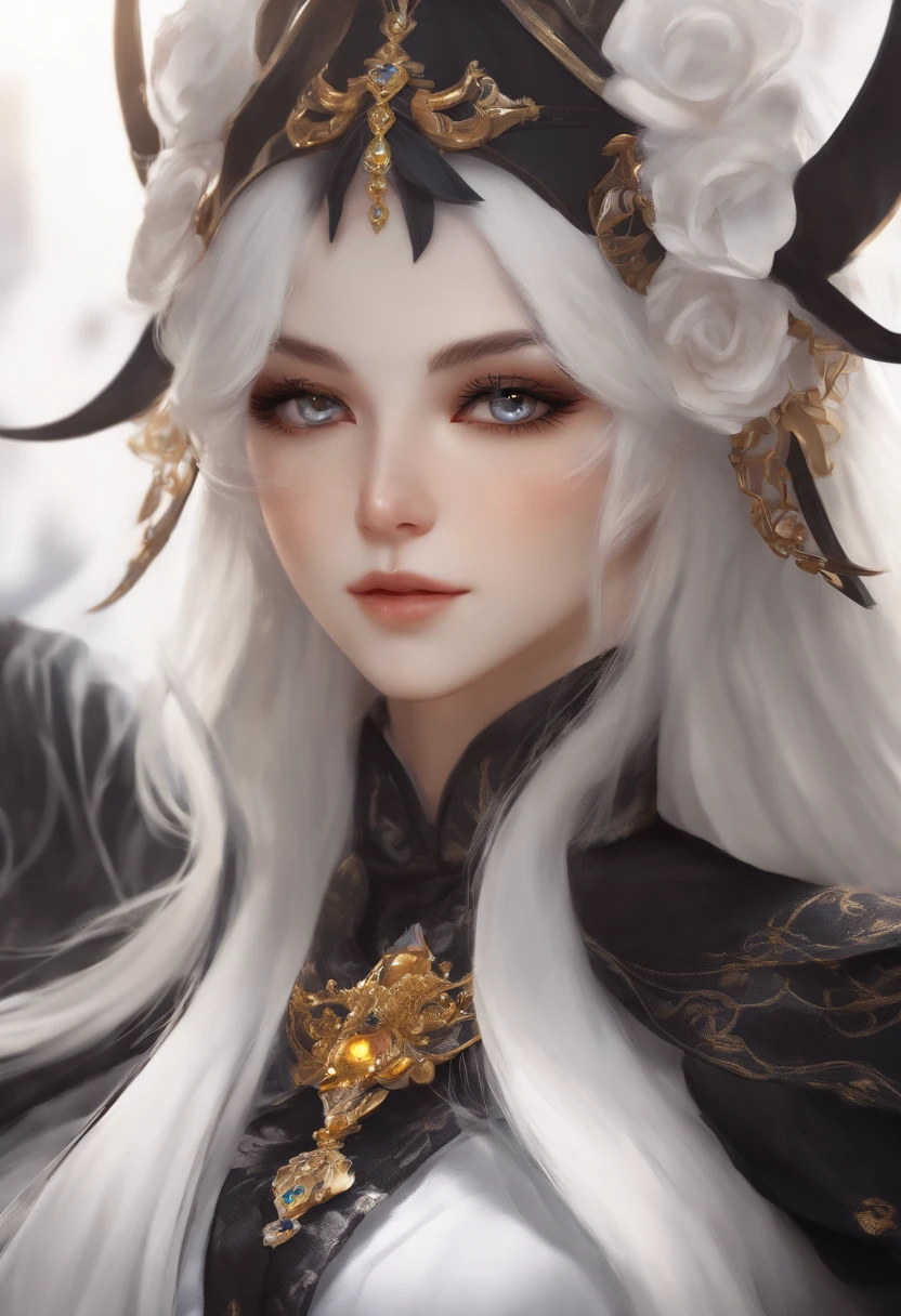 preta do anime com cabelo branco longo em uma roupa branca, olhos amarelos, com uma espada, Estilo Impatic Genshin