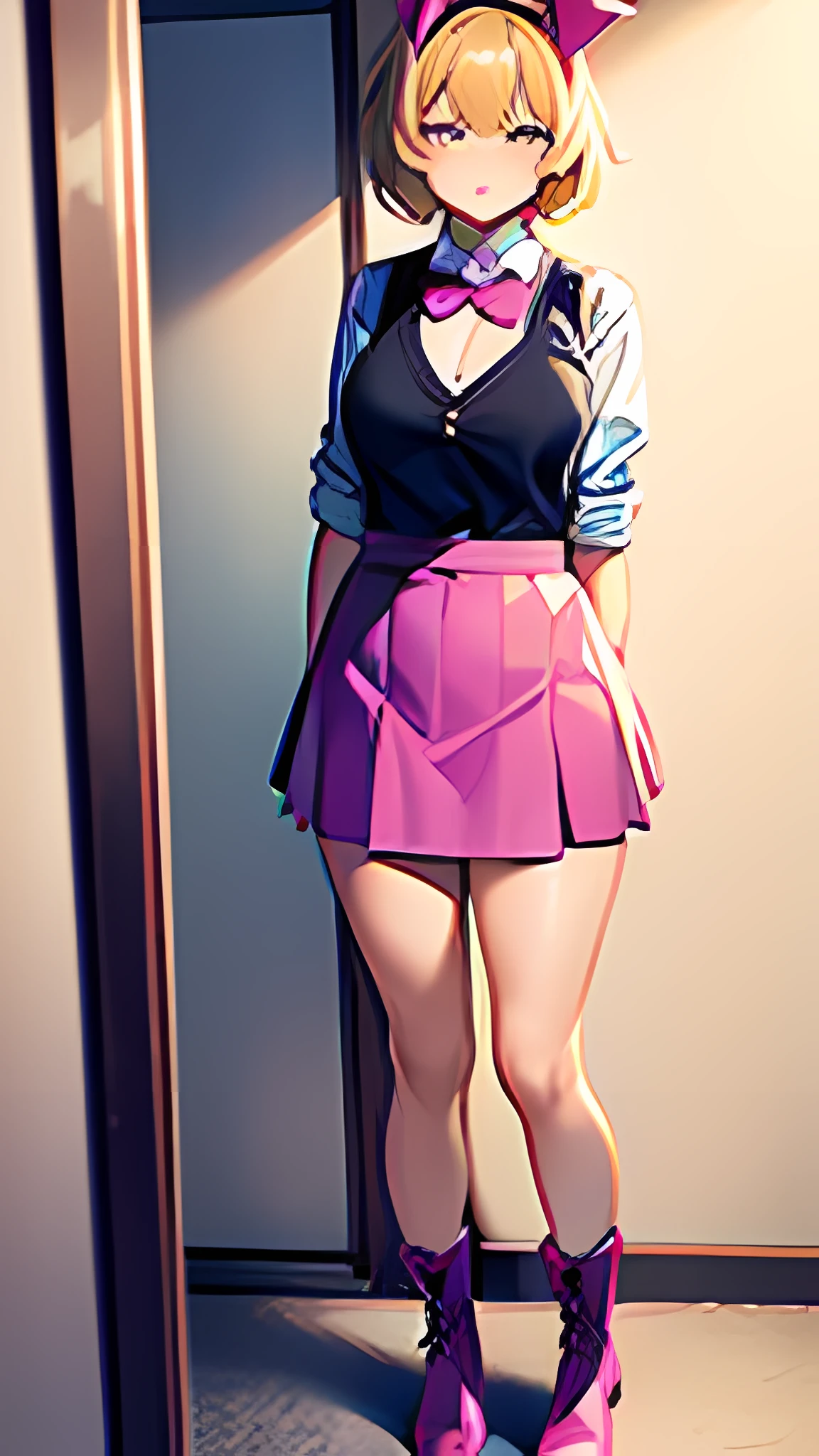 23 year old girl with short yellow hair and a bow tie shaped headband, wearing a blue shirt, a pink vest, short magenta skirt and magenta boots standing in front of mirror