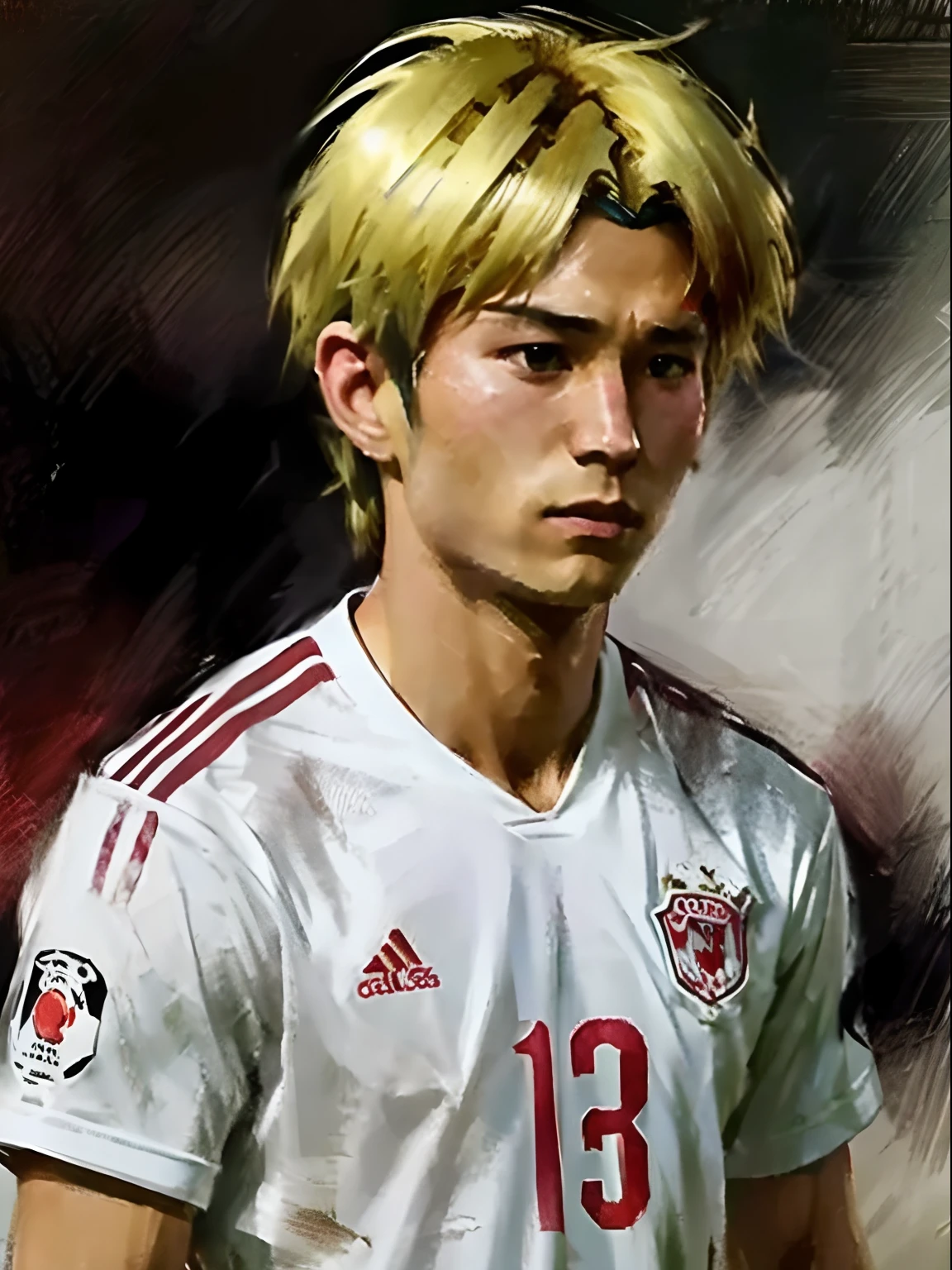 Homem Soccer Player face, style greg rutkowski realist, style anime, Japanese 17 years, cabelo com mechas platinadas