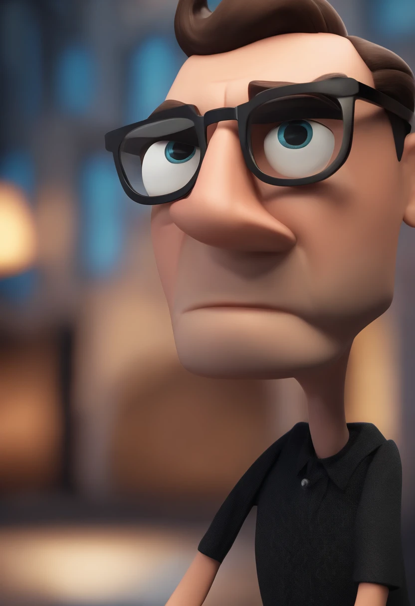 Cartoon character of a man wearing black glasses and a blue shirt, um personagem animado, Caractere estilizado, animation style rendering, 3D estilizado, Arnold Maya render, 3 d render stylized, toon render keyshot, Personagem 3D, Personagem 3D, 3d rendering stylized, 3 d character render, personagem de desenho animado, Personagem de close up, Pose de personagem, (Estilo Pixar) (master part:1.2) (Bokeh) (best quality) (pele detalhada) (textura detalhada) (8k) (argila) (Cinematic lighting) (foco nítido，Senta e vaza a parte superior do corpo