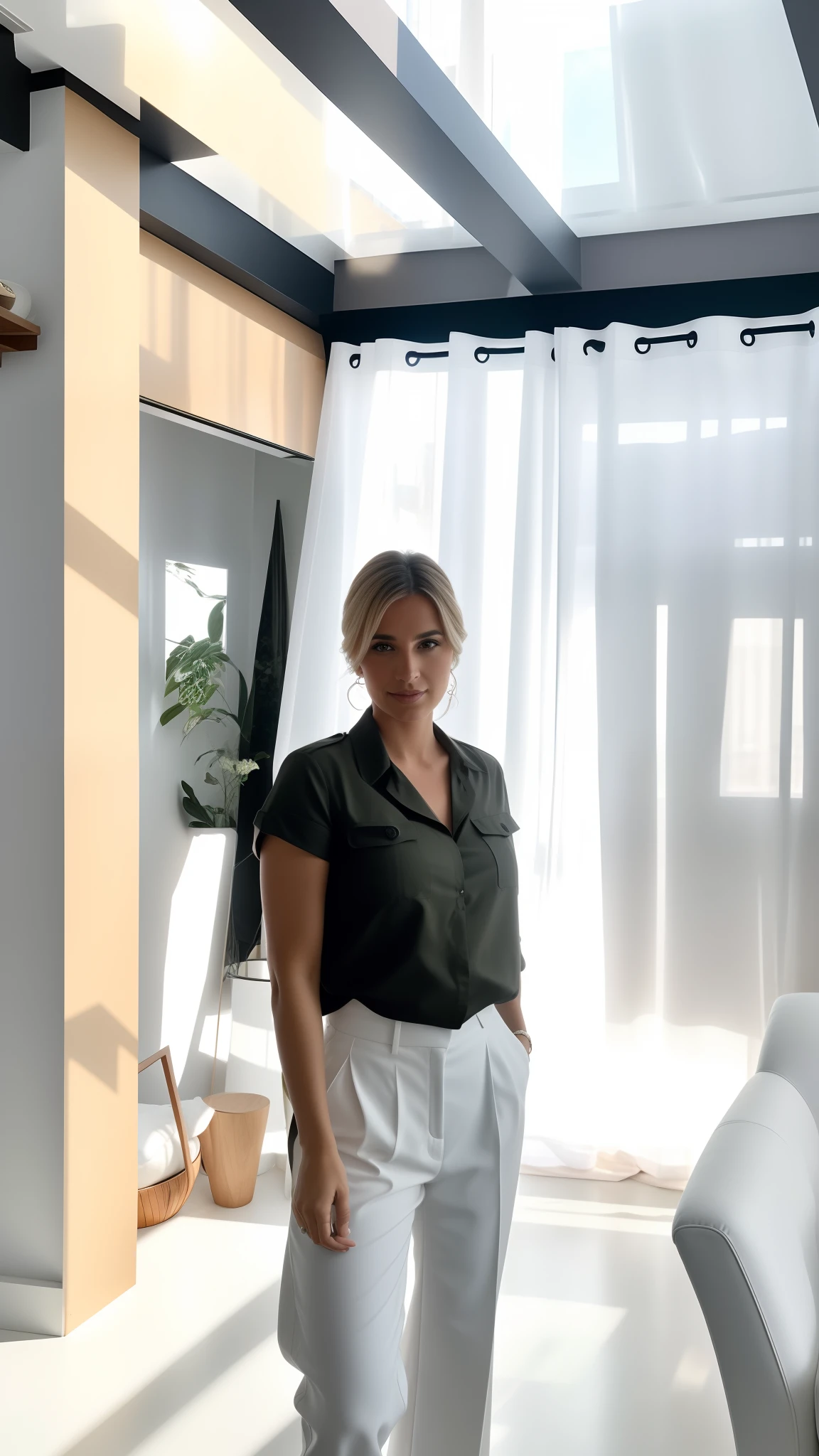 There's a woman standing in a living room with a white sofa, Magalie Villeneuve, imagem de perfil, Directed by: Nandor Soldier, standing near a window, home fotografia retrato, ficando cinza, taken in the early 2020s, Fotografia tirada em 2 0 2 0, Sandra Chevier, Andorinha Toron, Madalena Radziej