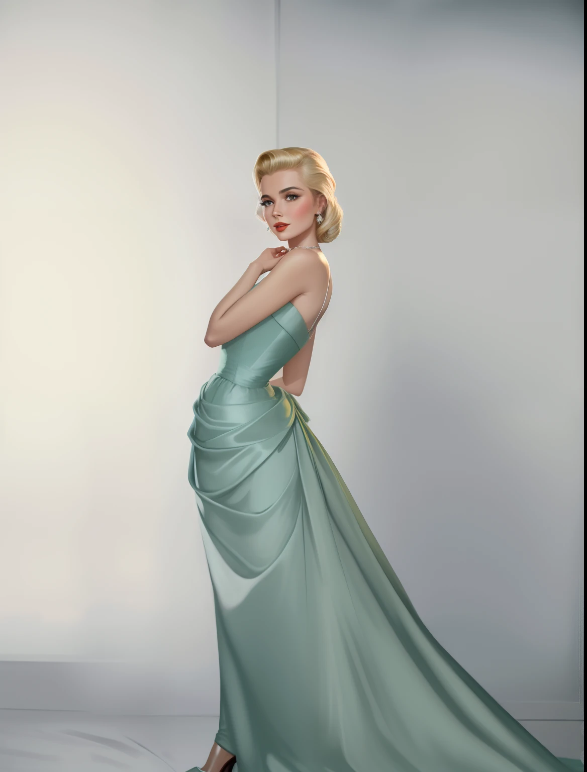 mulher arafed em um vestido verde posando para uma foto, Kelly Grace, senhora semi-virada em vestido de noite, pose elegante e deslumbrante, retrato do vestido azul claro, por volta de 1958, 1 9 5 0 s estilo, usando um vestido de noite, Directed by: Dean Ellis, Directed by: Stan Galli, 1 9 5 4, 1954, Pose glamourosa grace kelly oscar 1955