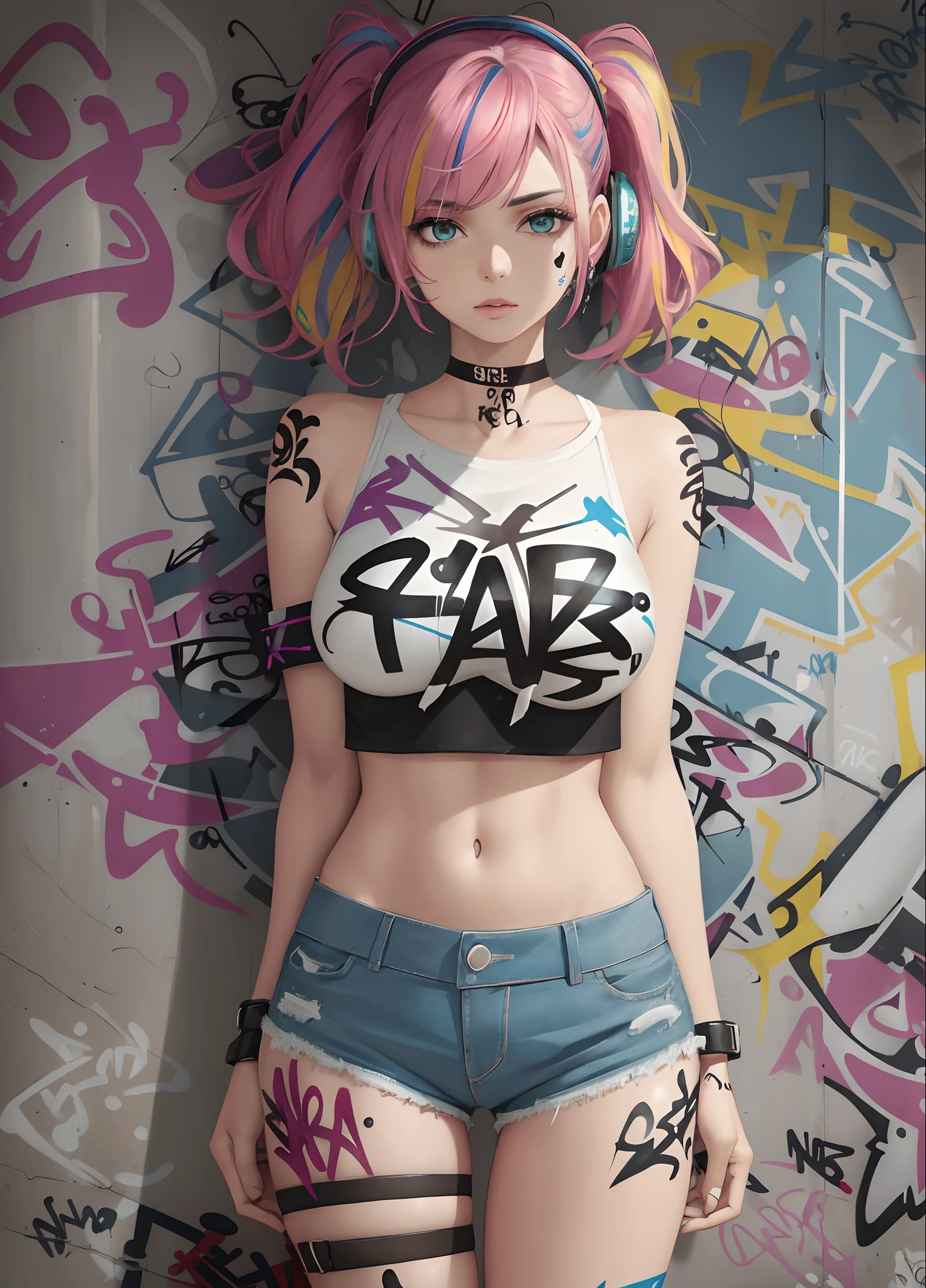 Obra maestra, La mejor calidad, hermosa hembra, cara madura:1.4), 1mujer, solamente, Recortar arriba, pantalones cortos de mezclilla, gargantilla, (Graffiti:1.5), salpicaduras de pintura, arms behind back, contra la pared, Mirando al espectador, brazalete, Correa para el muslo, pintura en el cuerpo, head bowing, aburrido, cabello multicolor, aqua eyes, auriculares de casco,
