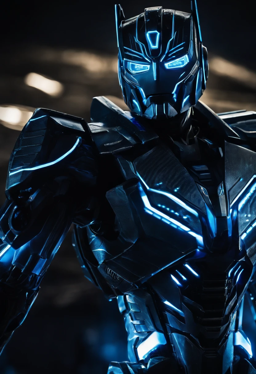 Tron Combined with Optimus Prime transformer, tron legacy, battle pose, crystal clear image, intricate details, close up, battle scars, black and Blue themed, simulation world, 50ft tall