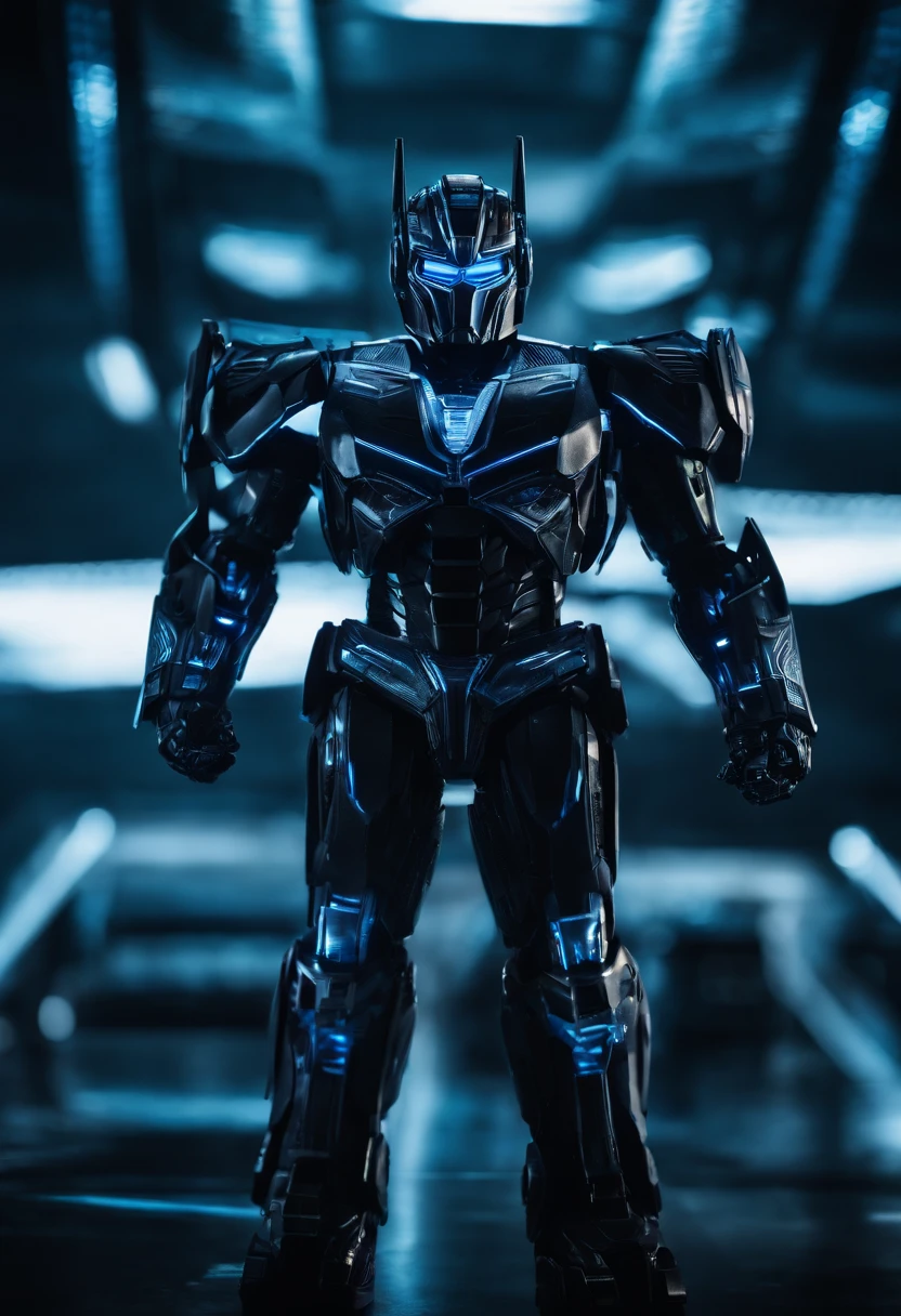 Tron Combined with Optimus Prime transformer, tron legacy, battle pose, crystal clear image, intricate details, close up, battle scars, black and Blue themed, simulation world, 50ft tall