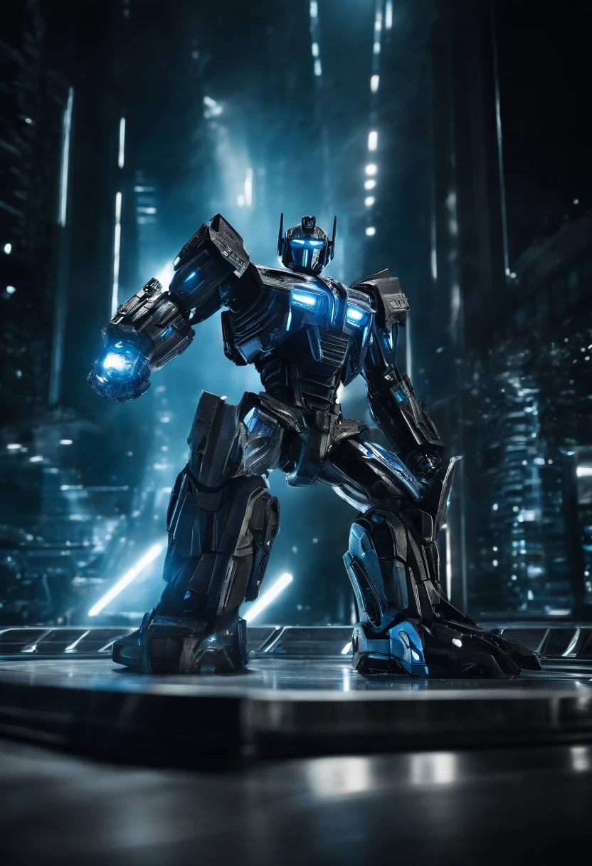 Tron Combined with Optimus Prime transformer, tron legacy, battle pose, crystal clear image, intricate details, close up, battle scars, black and Blue themed, simulation world, 50ft tall