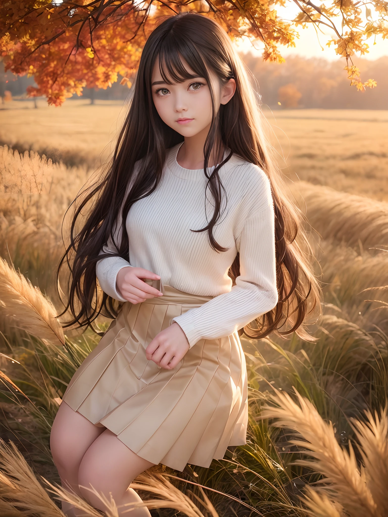 (Raw photo:1.2), (Photorealistic), Beautiful detailed girl, Very detailed eyes and face, Beautiful detailed eyes, Huge file size, High resolution, Very detailed, Best Quality, [masutepiece:1.6], Illustration, Very detailed, Fine detail, Best Quality, 8K Wallpaper, Movie Lighting, 15-year-old idol of Japan, Meadow overgrown with autumn pampas grass, kawaii eyes, Long wavy black hair,  White sweater,  Brown pleated skirt, Red ribbons, Black boots, Slim Boti, Immature body, Young Face, Smaller chest,   Pampas grass spreads all over the place,Autumn landscape, Autumn sunny, Sardine cloud, bright expression, Autumn breeze, Golden Scenery