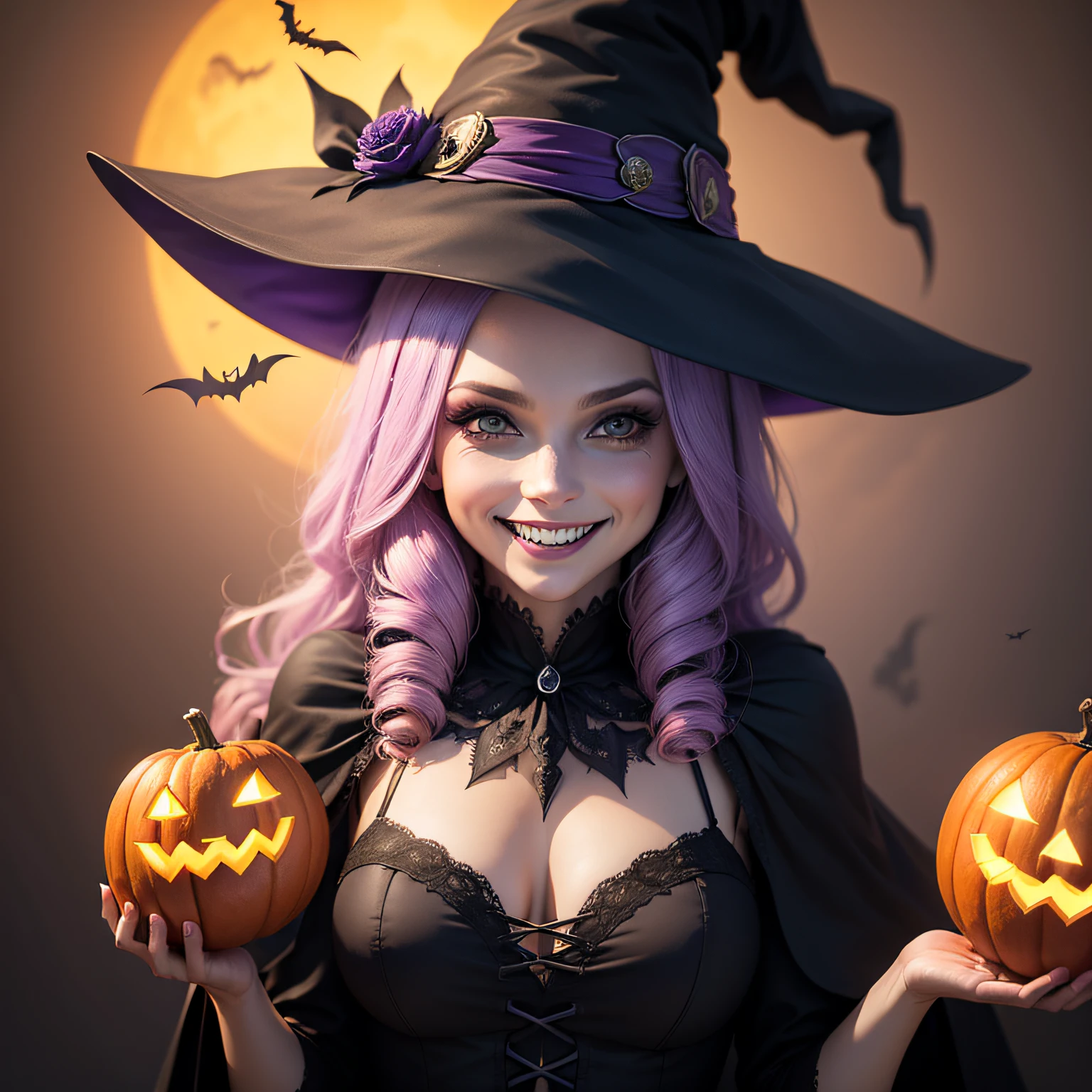 Funny smiling WITCH in haloween, estilo de foto realista ultra detalhado, dramatic colors