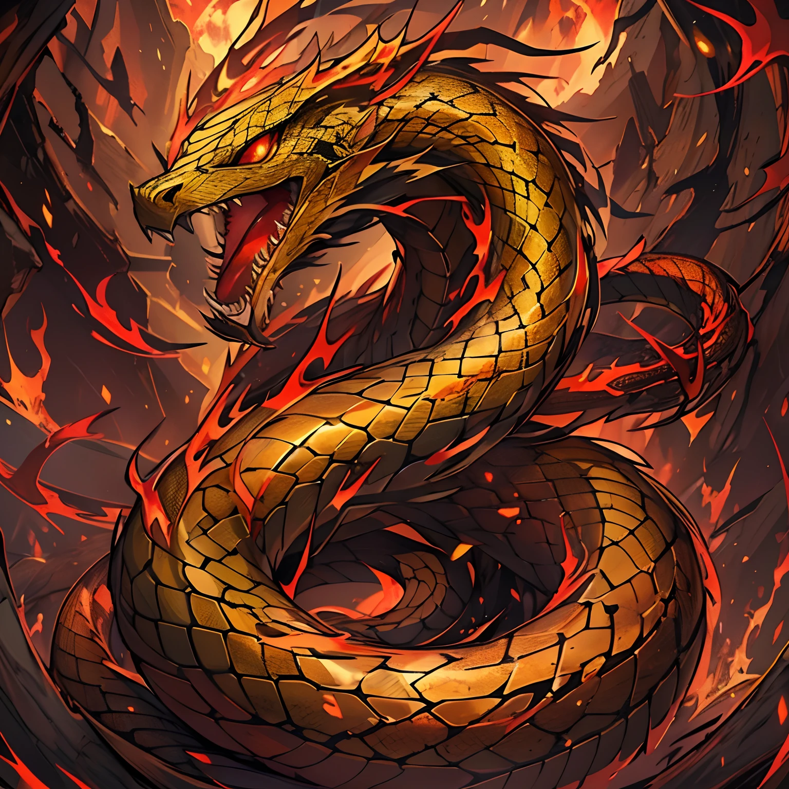 A golden serpent with red eyes and a sharp tongue. His skin glows with an intense glow and he is able to transform into a larger serpent, always engulfed in flames