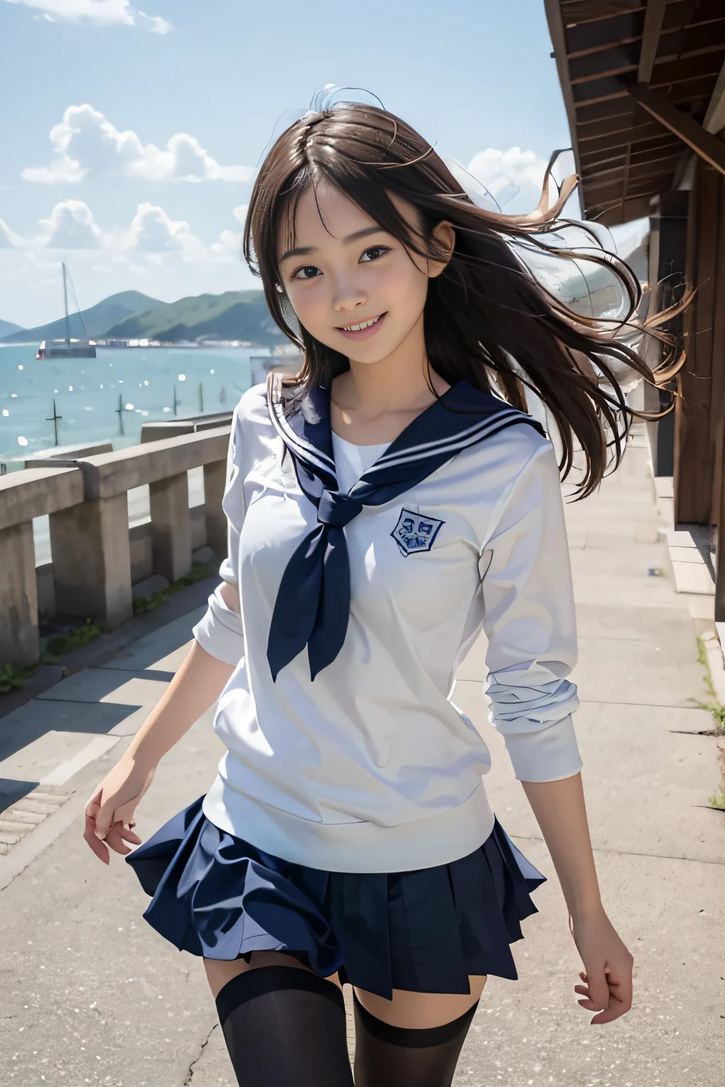 1girl in , 12 old, Happy smile, Blue eyes, masutepiece, Best Quality, Detailed, Lori, Girly running,
a junior high school student, Sailor School Uniform, Lori, tits out, On the way to school, (slender:1),
japanse, small brest, Vulgarity, The wind is blowing, Sky blue seaside