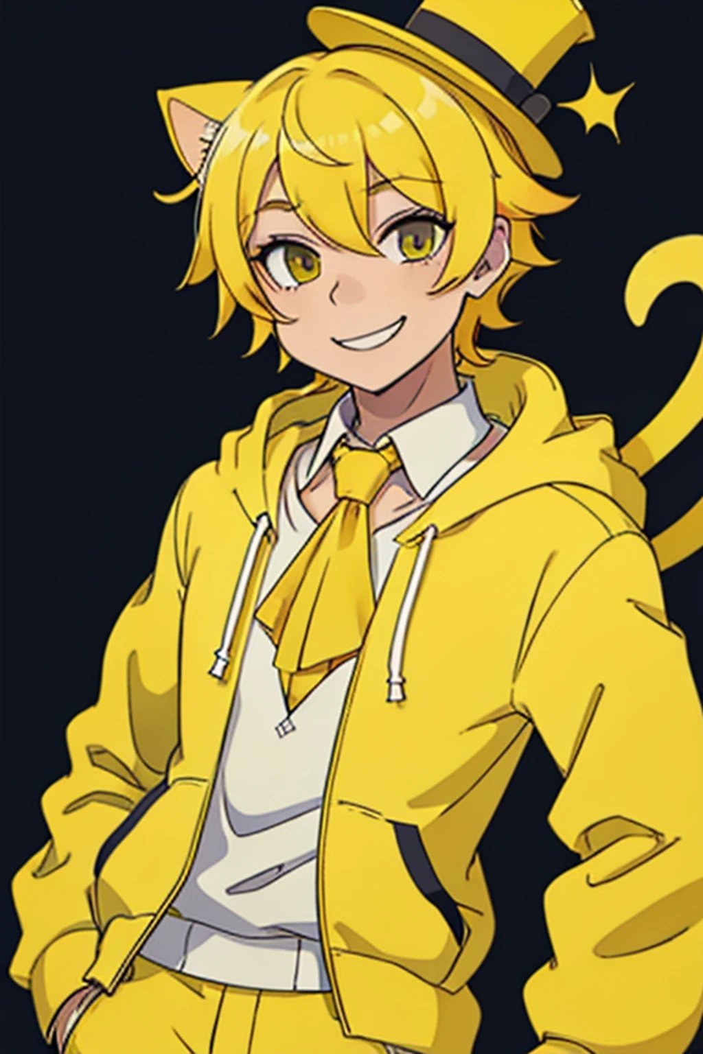 a boy with yellow hair, wearing a yellow top hat with YELLOW CAT EARS, wearing a yellow hoodie, while smiling