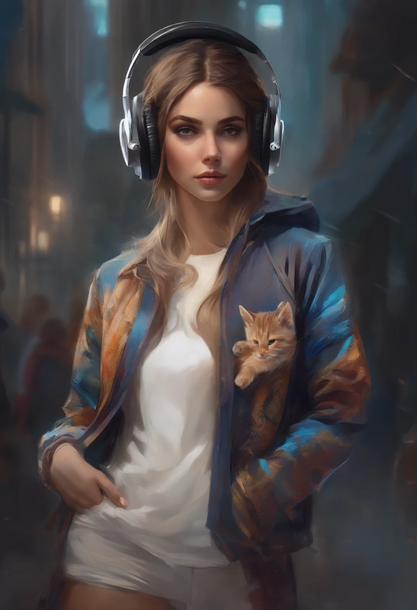 Perfect centering, A cute kitten all over, Wear a student jacket, Wearing sunglasses, Wearing headphones, Standing position, Abstract beauty, Centered, Looking at the camera, Facing the camera, nearing perfection, Dynamic, Moonlight, Highly detailed, Digital painting, art stations, concept-art, smooth, Sharp focus, 8K, high definition resolution, illustration, Art by Carne Griffiths and Wadim Kashin, White background