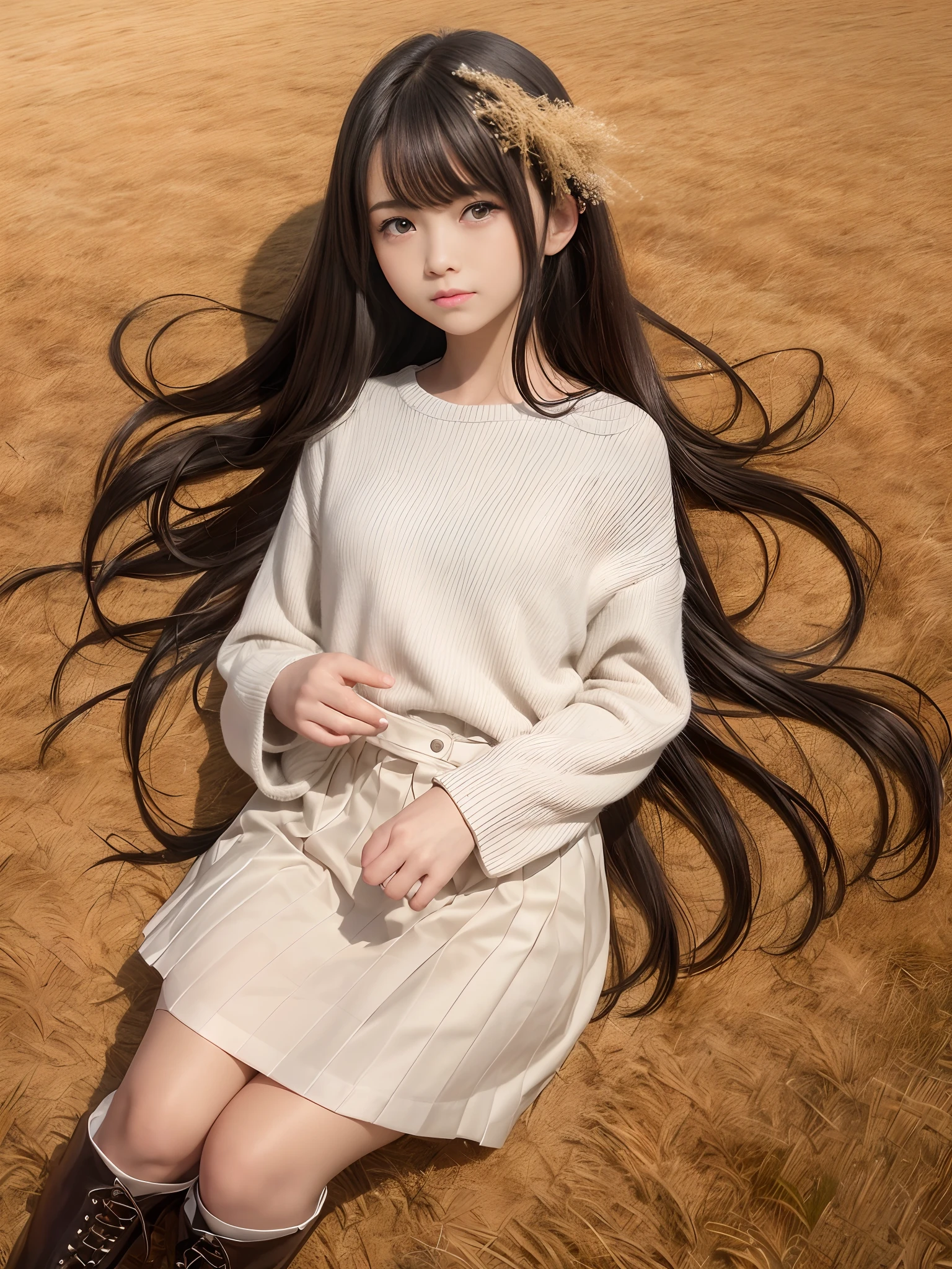 (Raw photo:1.2), (Photorealistic), Beautiful detailed girl, Very detailed eyes and face, Beautiful detailed eyes, Huge file size, High resolution, Very detailed, Best Quality, [masutepiece:1.6], Illustration, Very detailed, Fine detail, Best Quality, 8K Wallpaper, Movie Lighting, 15-year-old idol of Japan, Meadow overgrown with autumn pampas grass, kawaii eyes, Long wavy black hair,  White sweater,  Brown pleated skirt, Red ribbons, Black boots, Slim Boti, Immature body, Young Face, Smaller chest,   Pampas grass spreads all over the place,Autumn landscape, Autumn sunny, Sardine cloud, bright expression, Autumn breeze, Golden Scenery