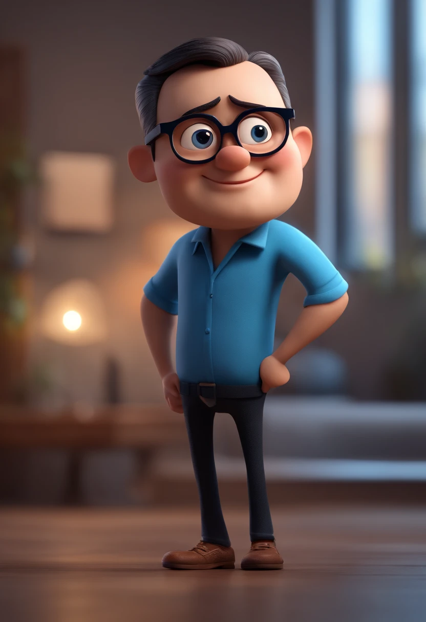 Cartoon character of a man with black glasses and a blue shirt, animation character, Caractere estilizado, animation style rendering, 3D estilizado, Arnold Maya render, 3 d render stylized, toon render keyshot, Personagem 3D, Personagem 3D, 3d rendering stylized, 3 d character render, personagem de desenho animado, Personagem de close up, Pose de personagem,  (Estilo Pixar) (master part:1.2) (Bokeh) (best quality) (pele detalhada) (textura detalhada) (8k) (argila) (Cinematic lighting) (foco nítido