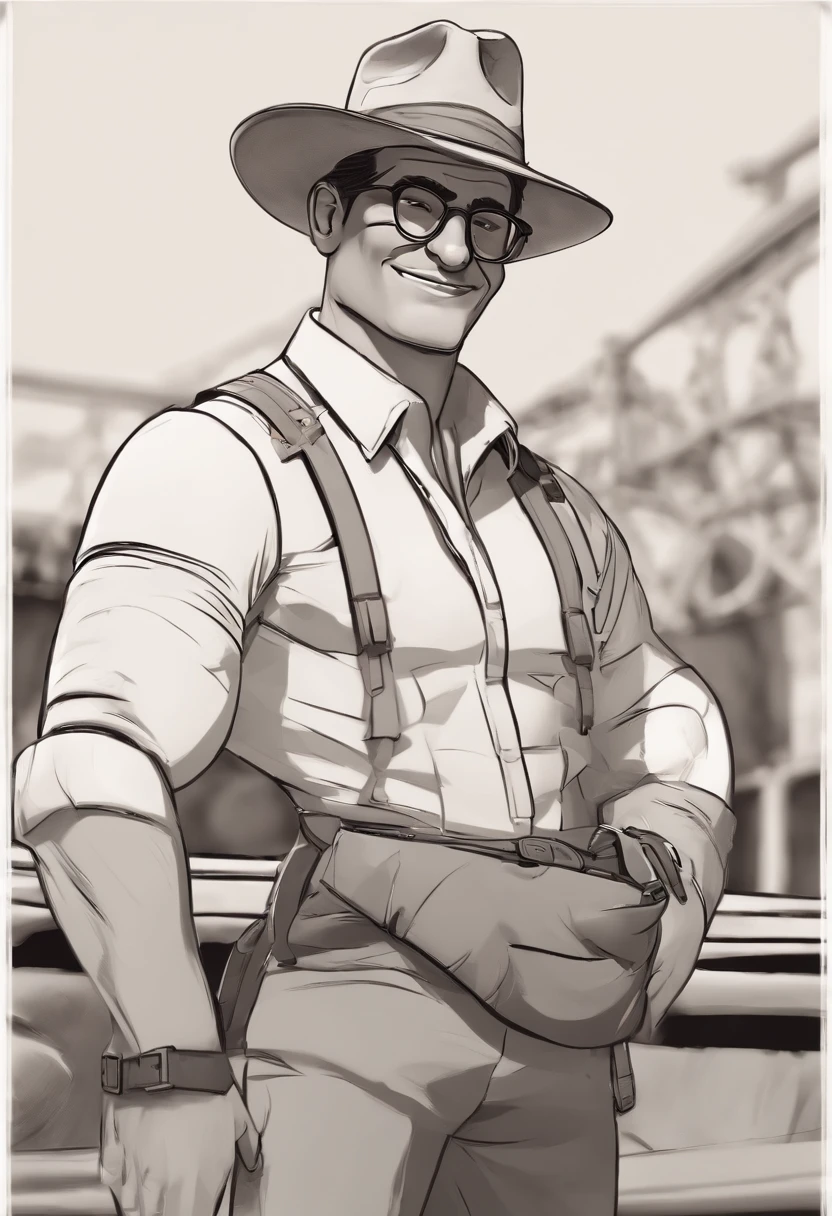 Pixar Style Character Man with Black Glasses and Hat, jovem, barba curta e cabelos escuros, olhos castanhos escuros, carregando equipamentos de aventura com mochila nas costas, estilo indiana Jones, com fundo de natureza, animation character, Caractere estilizado, animation style rendering, 3D estilizado, Arnold Maya render, 3 d render stylized, toon render keyshot, Personagem 3D, Personagem 3D, 3d rendering stylized, 3 d character render, personagem de desenho animado, Personagem de close up, Pose de personagem, (Estilo Pixar) (master part:1.2) (Bokeh) (melhor qualidade) (pele detalhada) (textura detalhada) (8k) (argila) (Cinematic lighting)
