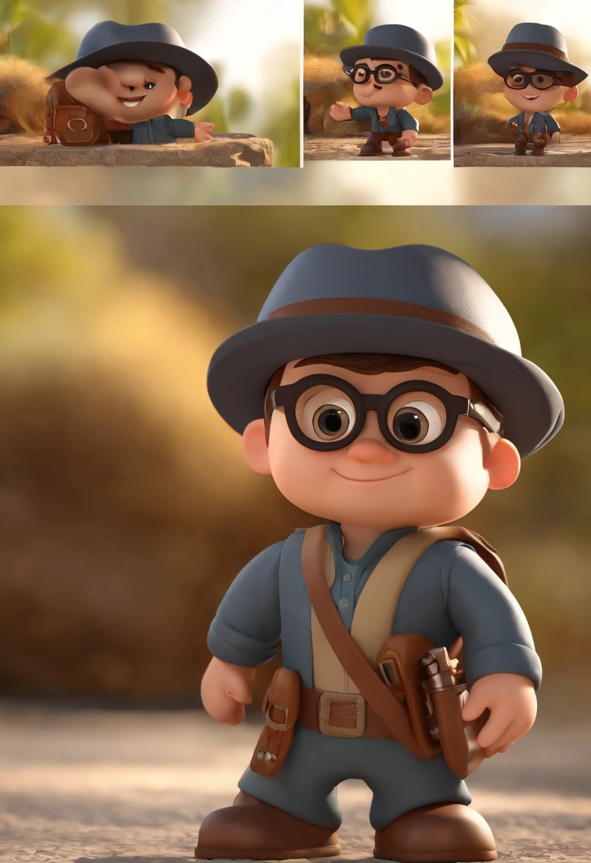 Pixar Style Character Man with Black Glasses and Hat, jovem, barba curta e cabelos escuros, olhos castanhos escuros, carregando equipamentos de aventura com mochila nas costas, estilo indiana Jones, com fundo de natureza, animation character, Caractere estilizado, animation style rendering, 3D estilizado, Arnold Maya render, 3 d render stylized, toon render keyshot, Personagem 3D, Personagem 3D, 3d rendering stylized, 3 d character render, personagem de desenho animado, Personagem de close up, Pose de personagem, (Estilo Pixar) (master part:1.2) (Bokeh) (melhor qualidade) (pele detalhada) (textura detalhada) (8k) (argila) (Cinematic lighting)
