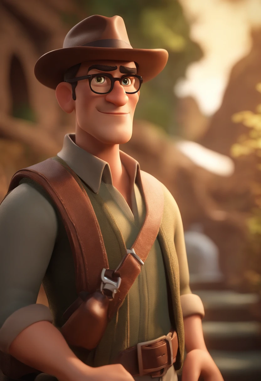 Pixar Style Character Man with Black Glasses and Hat, jovem, barba curta e cabelos escuros, olhos castanhos escuros, carregando equipamentos de aventura com mochila nas costas, estilo indiana Jones, com fundo de natureza, animation character, Caractere estilizado, animation style rendering, 3D estilizado, Arnold Maya render, 3 d render stylized, toon render keyshot, Personagem 3D, Personagem 3D, 3d rendering stylized, 3 d character render, personagem de desenho animado, Personagem de close up, Pose de personagem, (Estilo Pixar) (master part:1.2) (Bokeh) (melhor qualidade) (pele detalhada) (textura detalhada) (8k) (argila) (Cinematic lighting)