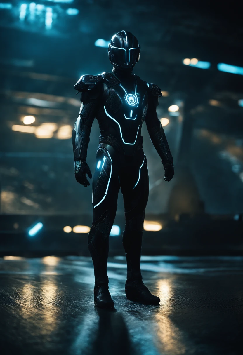 Tron Combined with Warhammer , tron legacy, battle pose, crystal clear image, intricate details, close up, battle scars, black and Blue themed, simulation world,