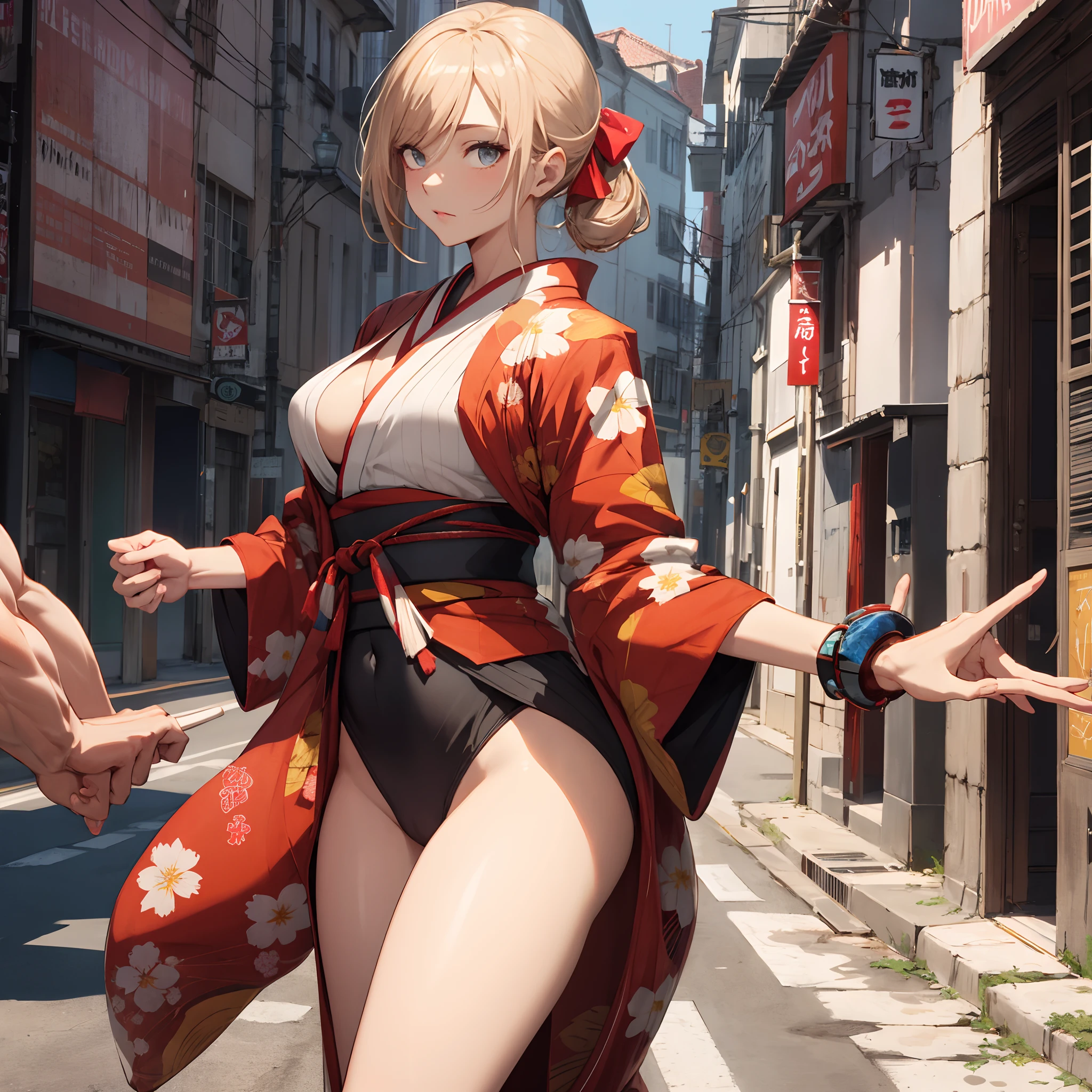 Homem kimono vermelho,cabelo loiro espetado,olhos azuis,luvas e sapatos vermelhos,corpo atletico,aplicando golpe de artes marciais,faixa preta na cintura,estilo Ken de street fighter