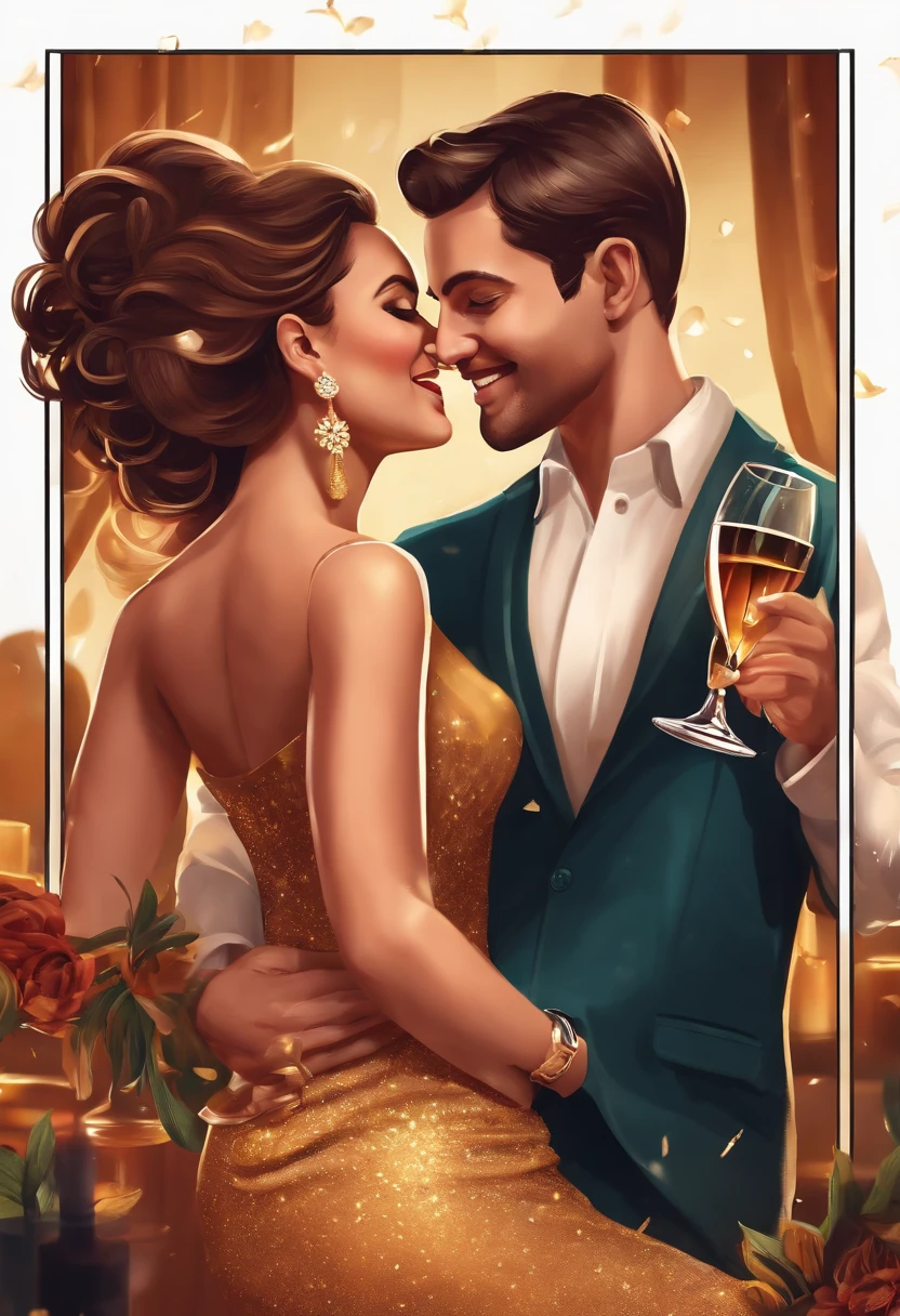 Casal latino, irreverent, happy, celebrating another wedding anniversary at a bar with friends

(best quality,4k,8k,highres,masterpiece:1.2),ultra-detailed,(realistic,photorealistic,photo-realistic:1.37), vibrant colors, studio lighting, bokeh, lively atmosphere

portrait, party, joyful celebration, dancing, laughter, drinks, toasting, music, Latin music, salsa, cocktails, colorful cocktails, glasses clinking, smiles

beautiful detailed eyes, radiant smiles, stylish outfits, festive attire, elegant dresses, dapper suits, high heels, fashionable accessories

[bar], [friends], [festive decorations], [confetti], [balloons], [bartender], [cocktail shakers], [dance floor], [live band], [party hats]

[Latin atmosphere], [fiesta vibes], [happy atmosphere], [energetic], [cheerful ambiance], [exciting night], [fun-filled], [memorable evening]

[celebratory toast], [laughter and joy], [candid moments], [dancing couples], [people socializing], [merry vibes], [joyous conversations], [lively interactions]

[Latin American culture], [romantic atmosphere], [Latin dancing], [cultural diversity], [fusion of traditions], [authentic cuisine], [Latin passion]

[decorative lights], [colorful spotlights], [warm ambiance], [dramatic shadows], [glowing neon lights], [festival atmosphere]

Remember, try to include at least 5 additional details and make sure the prompt flows well together. Feel free to adjust the wording or add/remove certain tags to make the prompt more personal.