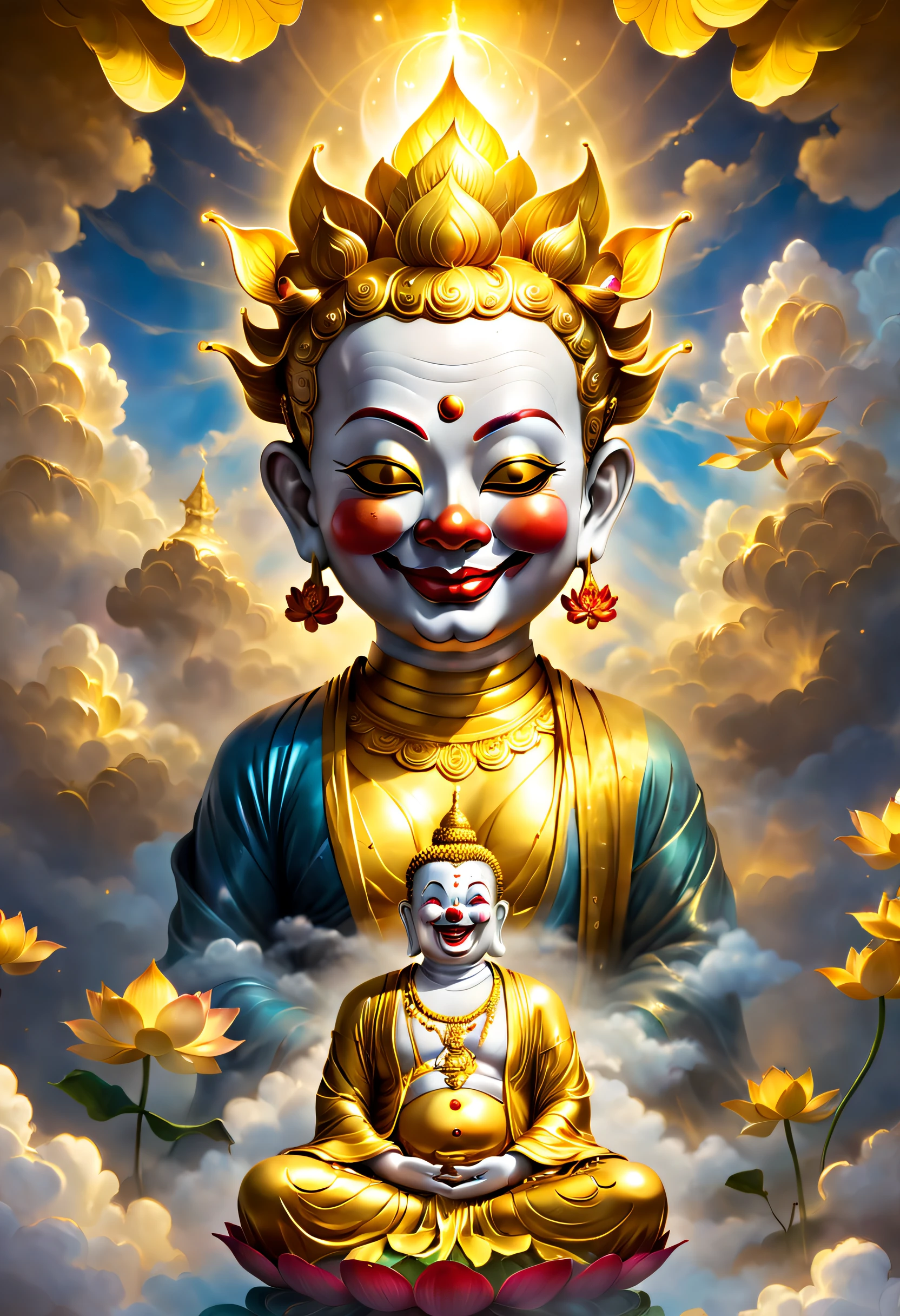 Buddha in a clown mask,Golden Buddha,upon the clouds,gold light,Lotus throne