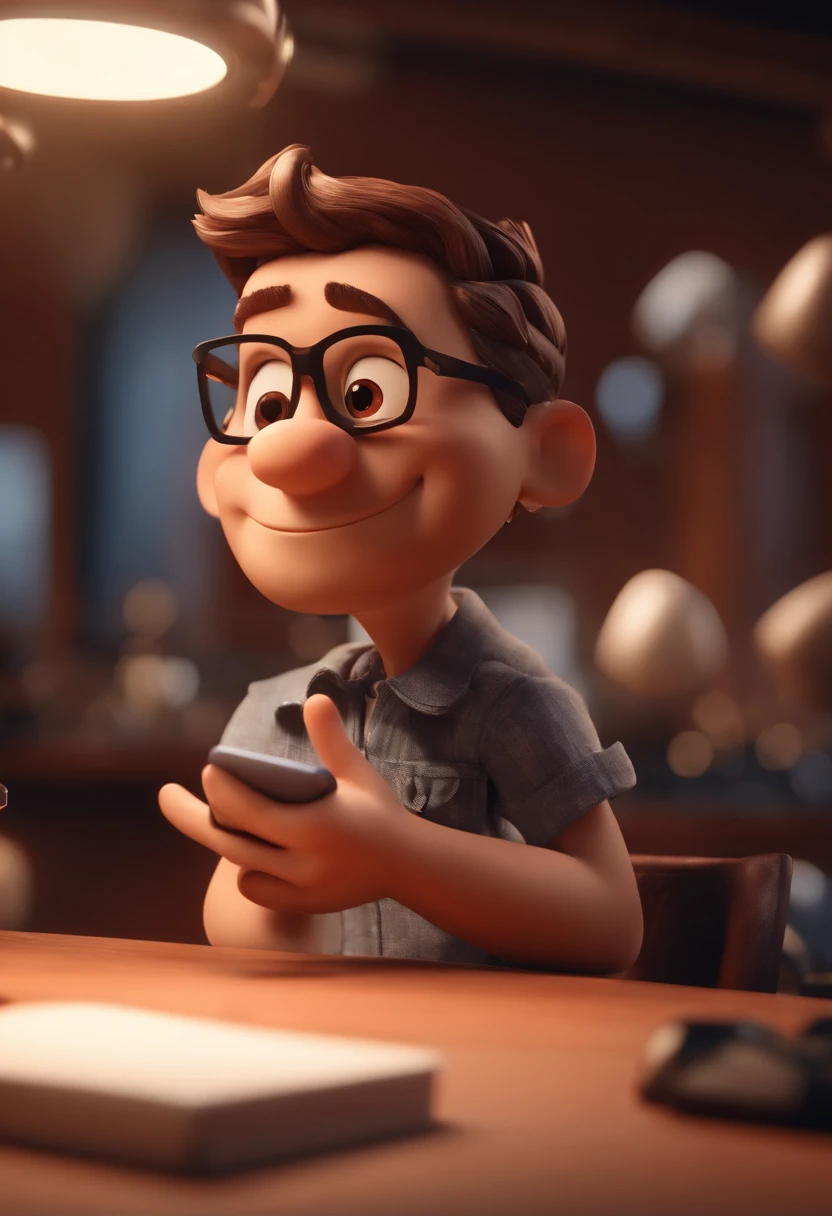 A Pixar-style 3D poster, Capturing a scene with the background of video lesson with a 30-year-old man, rosto redondo, corpo magro, branco caucasiano, cabelos negros curto, com a barba inteira branca, with black prescription square glasses, he's happy with an iPhone 15 pro max on a recording Studio background with led lights making videos for his students, animation style rendering, 3D estilizado, Arnold Maya render, 3 d render stylized, toon render keyshot, Personagem 3D, Personagem 3D, 3d rendering stylized, 3 d character render, personagem de desenho animado, Personagem de close up, Pose de personagem, (Estilo Pixar) (master part:1.2) (Bokeh) (best quality) (pele detalhada) (textura detalhada) (8k) (argila) (Cinematic lighting) (foco nítido