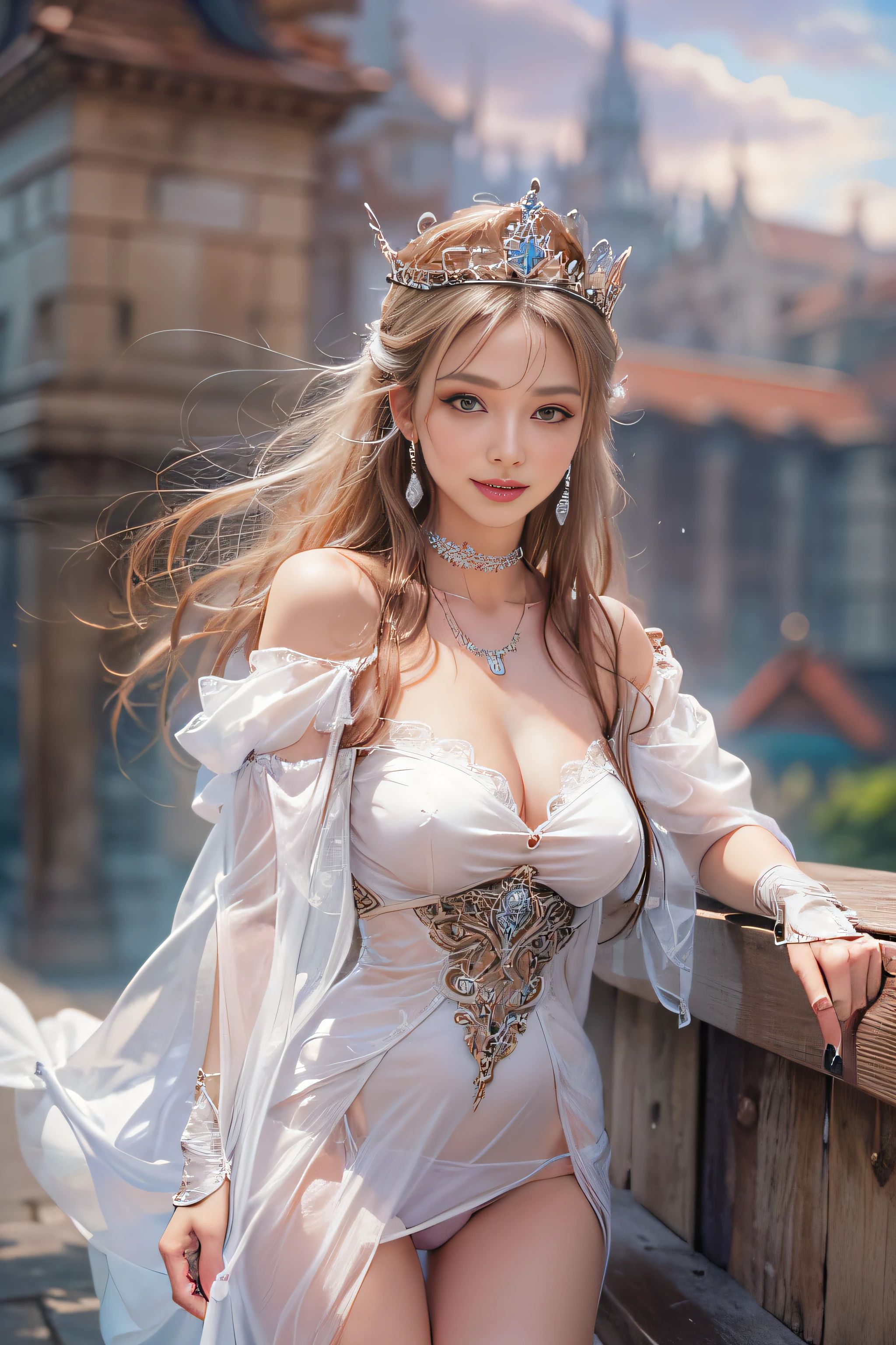 ((tmasterpiece:1.4)、(top-quality:1.4)、(reallistic:1.7))、By Luis Royo(By Luis Royo)Surreal portrait of a beautiful girl、Super beautiful girl、((1girl in:1.4))、Shiny natural skin texture、(The Queen's Gorgeous Costume)、(Off-the-shoulder white one-piece mini skirt type type:1.4)、((up skirt)),Authors:By Luis Royo(By Luis Royo)、age19、(Two arms:1.4、Two legs:1.4)、(perfect anatomia:1.4)、(Perfect female body:1.4)、Portrait photo of a girl、Close-up photos、Upper body photography、Fantasyart、Soft front light、Beautiful expression、kawaii faces、Beautiful udder、large full breasts:1.2、Beautiful ass、A detailed eye、Clearly eye-catching, beautiful and alluring、beautidful eyes、Narrow waist、Raw photo、red rip、Arrange your long hair as cool as a queen、(tiara crown:1.4、choker necklace:1.4、a necklace:1.4、耳Nipple Ring:1.4)、1 screen display、((In front of the city walls、Woman standing in front of bench)),((Translucent off-shoulder white dress))、((A smile)),((posterior view))、((Looks Back))、((White T-back panties visible)),