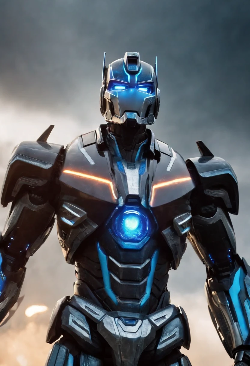 Tron Combined with Optimus Prime transformer, tron legacy, battle pose, crystal clear image, intricate details, close up, battle scars, black and Blue themed, simulation world, 50ft tall