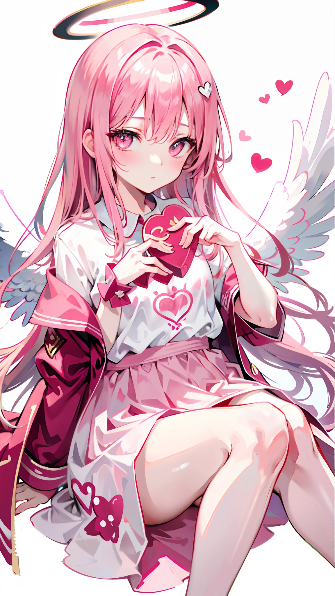 High detail, Heart-shaped pupils，nurse hat，Pink nurse's uniform，Love pupils，cropped shoulders，Lots of hearts，Slender maiden,highly rendered，detailed face with，white stockings，hason，