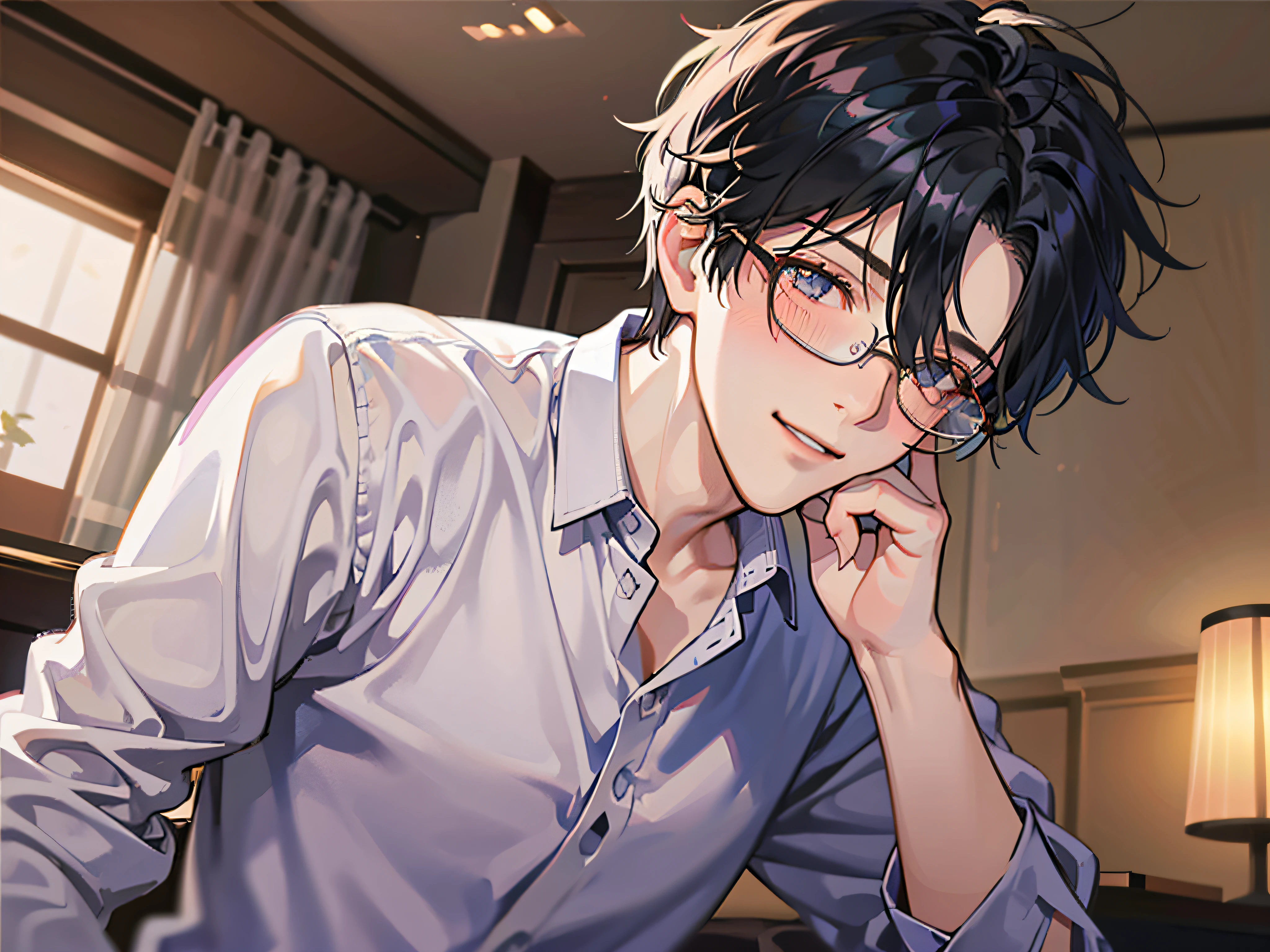 masuter piece,Best Quality,Shirt Men,独奏,ember manly,Glasses Boys,moody,Hairstyle mashed,Angle from below,a bed,ムラムラ,Impatient,Psychopath Smile,Hair over one eye, hands on own face, blush, Shy,Background is a hotel room,natta