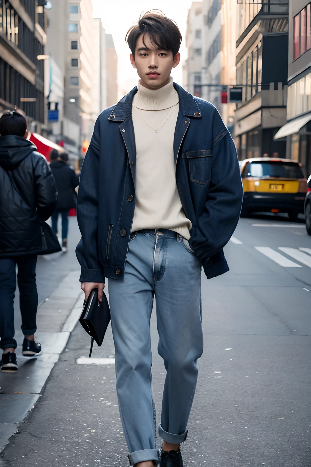 Men wear open-chested sweater jackets with high necks，denim pant，Stand in the middle of a bustling city