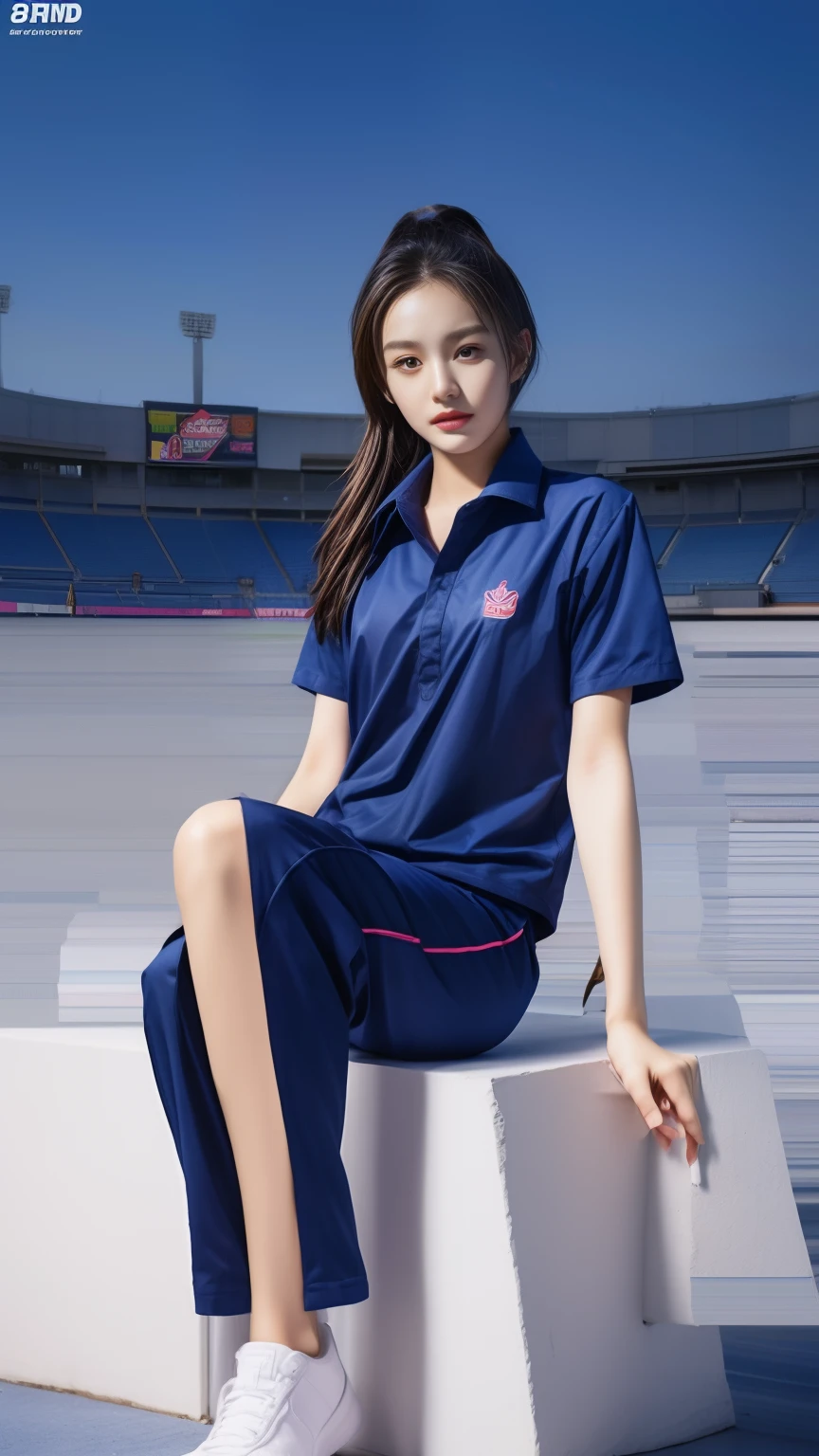 (bestquality,10,10,highres,masterpiece:1.2),ultra-detail,(Realistic,photorealistic portrait,photo-realistic:1.37),1 cute girl sitting on the football field,oily shiny skin,bara,light smile,BDclothes,((blue shirt:1.3)),short sleeves,shirt, trousers.,(navy_long_Pants Track:1.1), ((Stadium Background:1.3)),dynamic angle,excited,face focus,Dynamic Poses,from behide,Ass Focus,masterpiece, bestquality, ultra realistic, hyper-detail, 8k resolution, RAW photo, crisp focus, ((Navy blue shirt:1.1)), short sleeves, Long Path, Perfect body, 2 mature women, 18yo, cinematic light,Blue sweatpants,Gymware,Correct anatomy,Complete body, Correct body, sharp face, Anatomically correct body, full entire body, Realistic gestures, long-haired, Realistic poses,Wear long shorts..................,Long leg span,Shapely,Sculpting Girl, Slender Figure, mannequin mannequins, Shapely, Beautiful body,Blue sweatpants,Seated