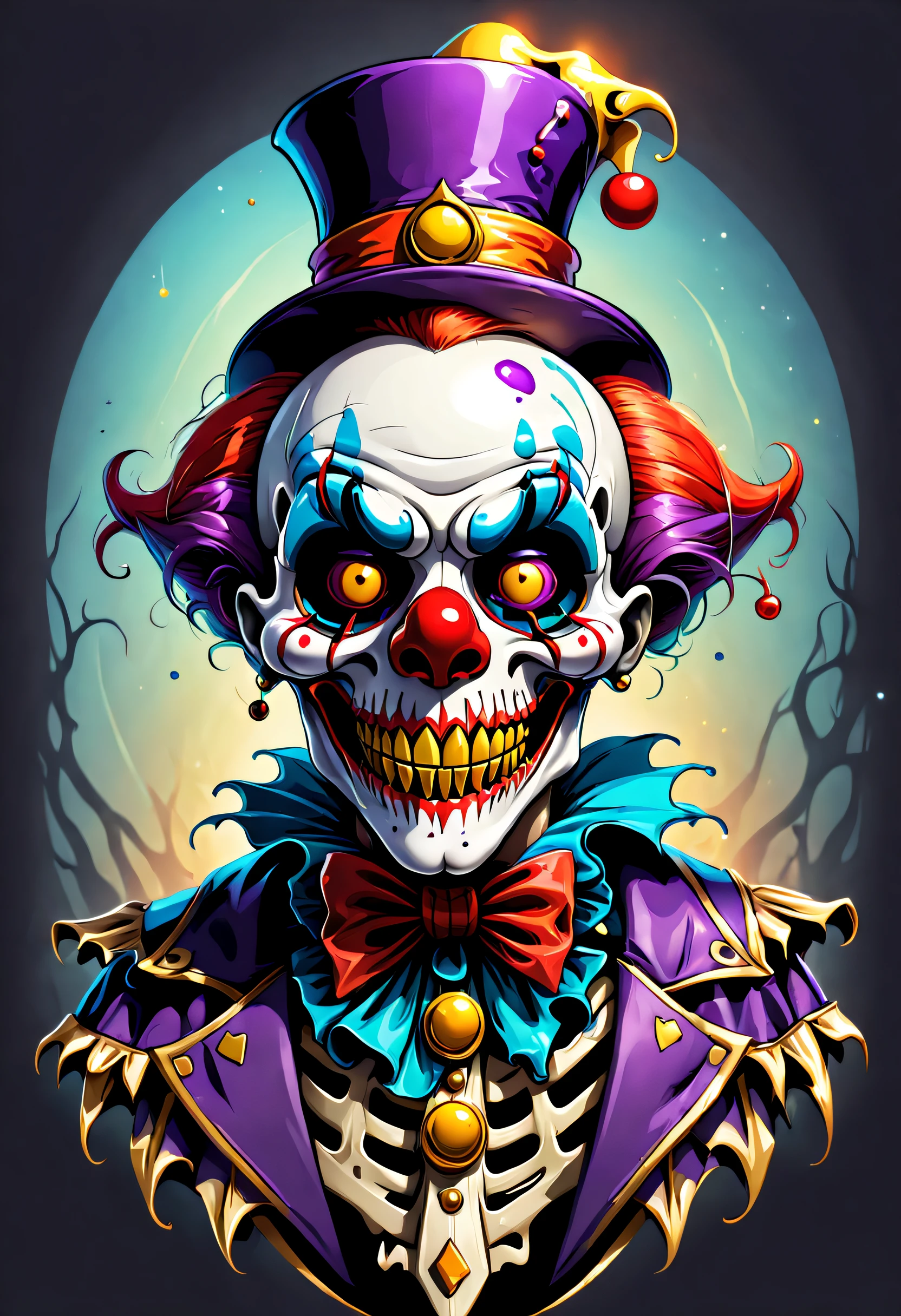 ( Logo design_1.5)，Skeleton wearing a clown mask，Create a nuanced necromancer style