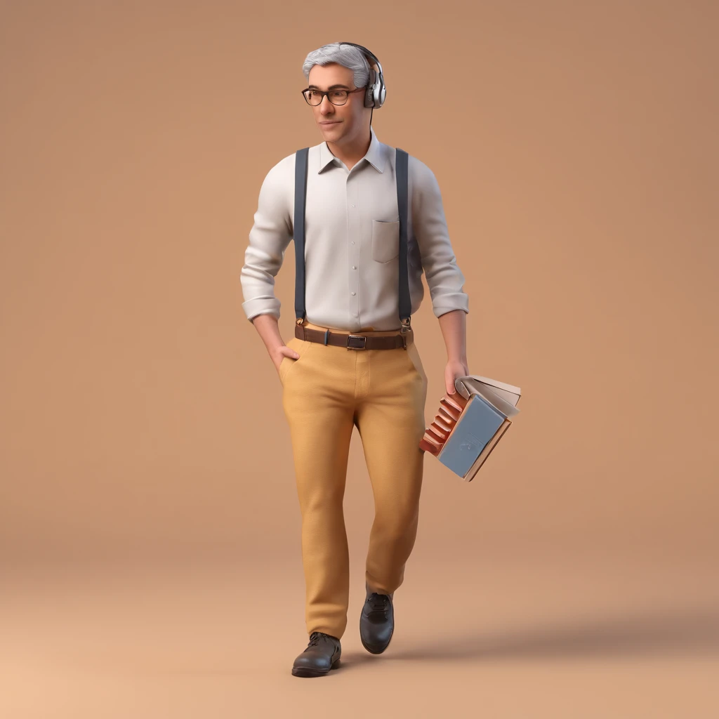 Walking reader,One hand in the pocket,Book in one hand,Read a book while walking, with headphones on,Suspenders, Clay, Models, a blind box toy, Glossy and delicate,Clean background, Good gloss, 3D rendering of,Best quality