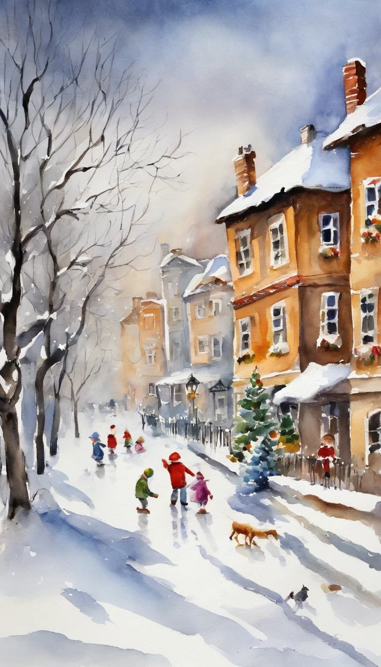 a painting. winter. Kids playing snowballs, Making snowmen, Sledding down the hill, Ice skating. Ice rink. Trees in the snow. Pine trees in the snow. Frosty Day. The city. High-rise buildings.